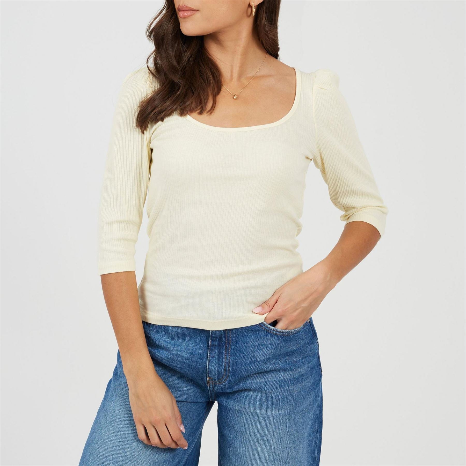Brave Soul Square Neck Puff Sleeve Three Quarter T-Shirt