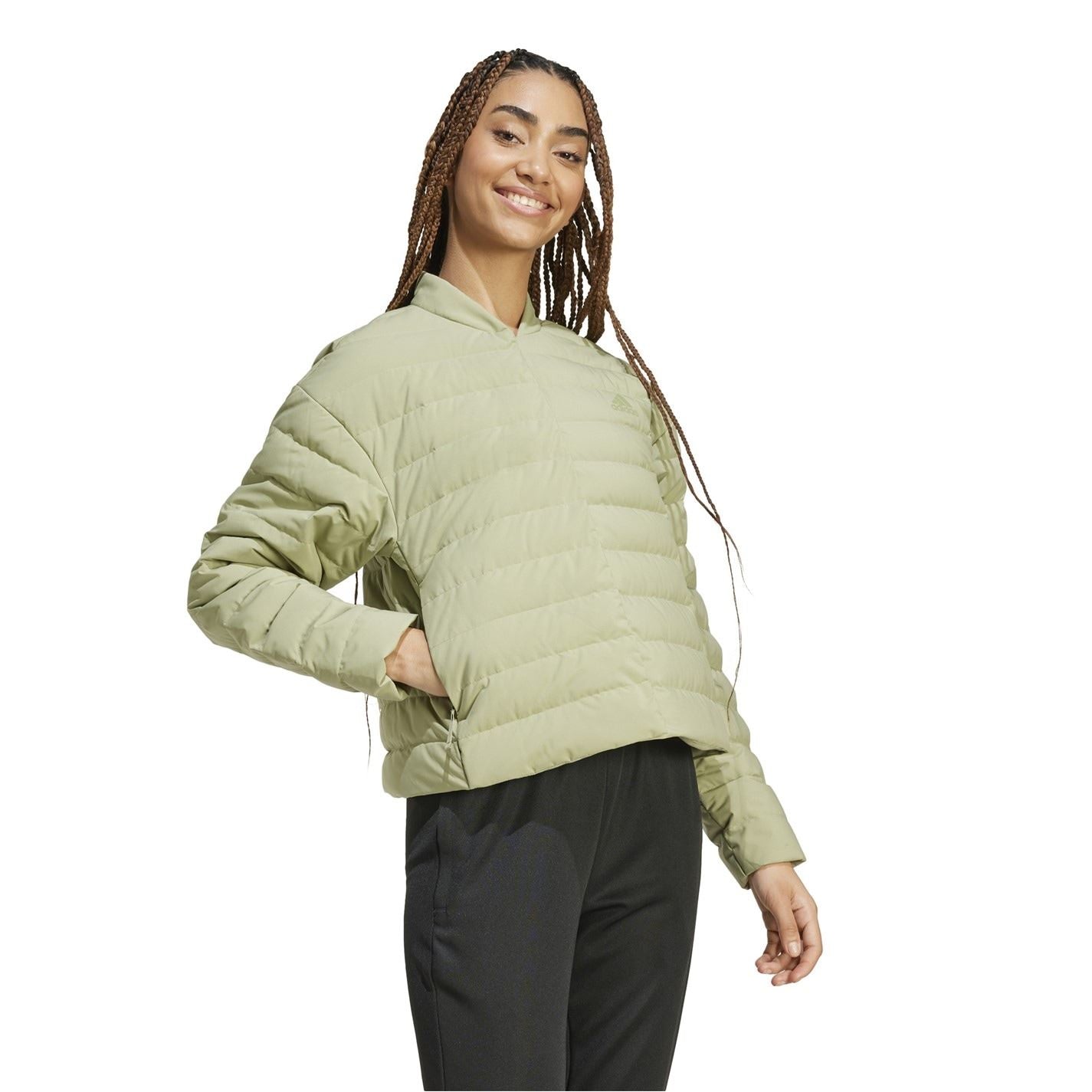 adidas Solid Patterned Mock Neck Band Collared Horizontal Pocket Down Jacket