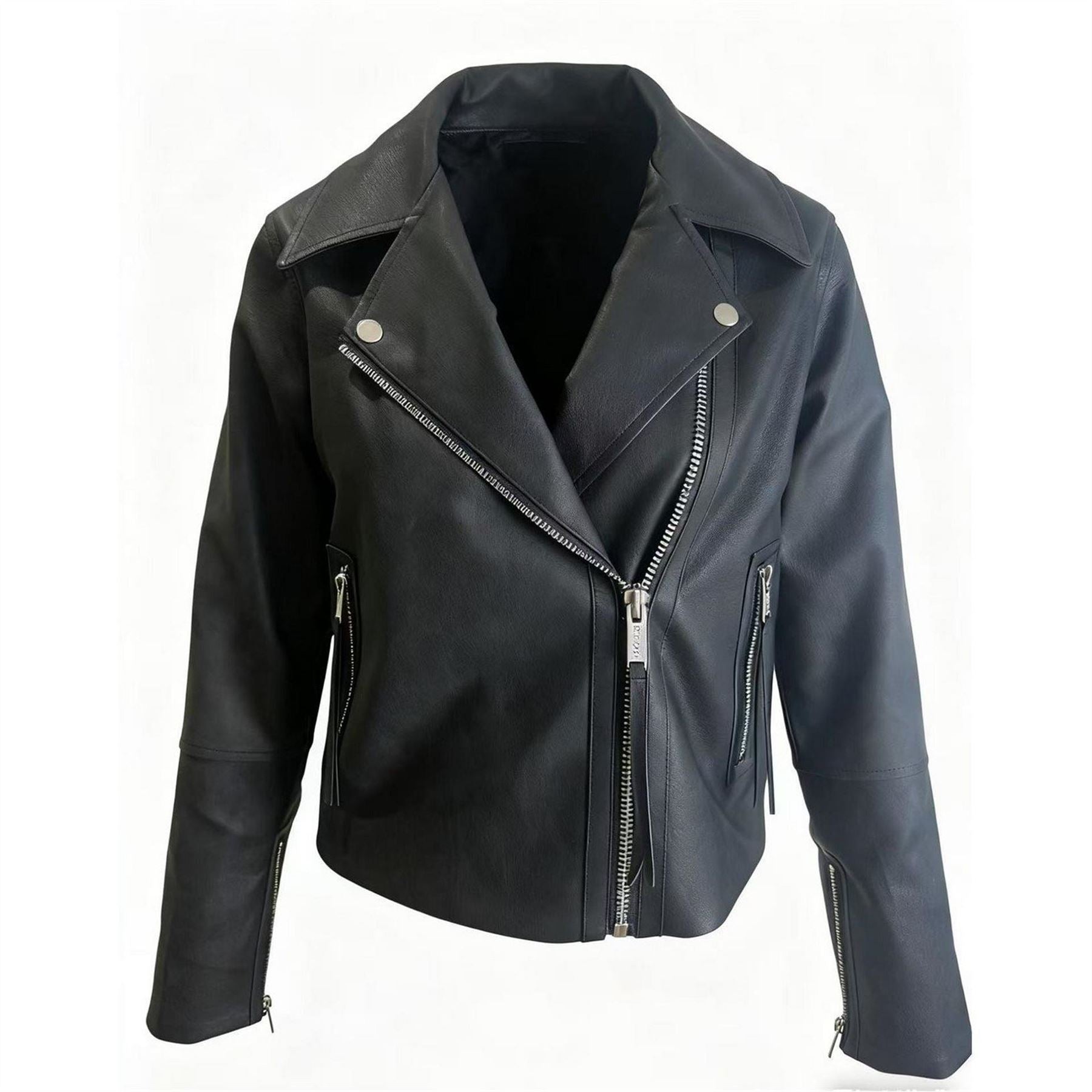 Kangol Solid Patterned Asymmetric Zipper Lapel Collared Zipped Cuff Biker Jacket