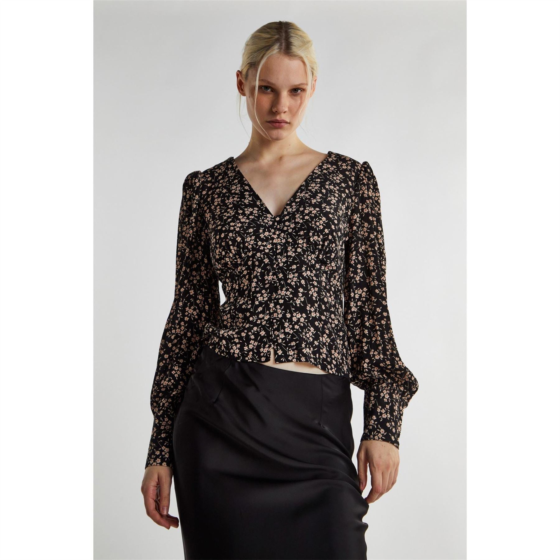 Glamorous Black Ditsy Print Button Front Top