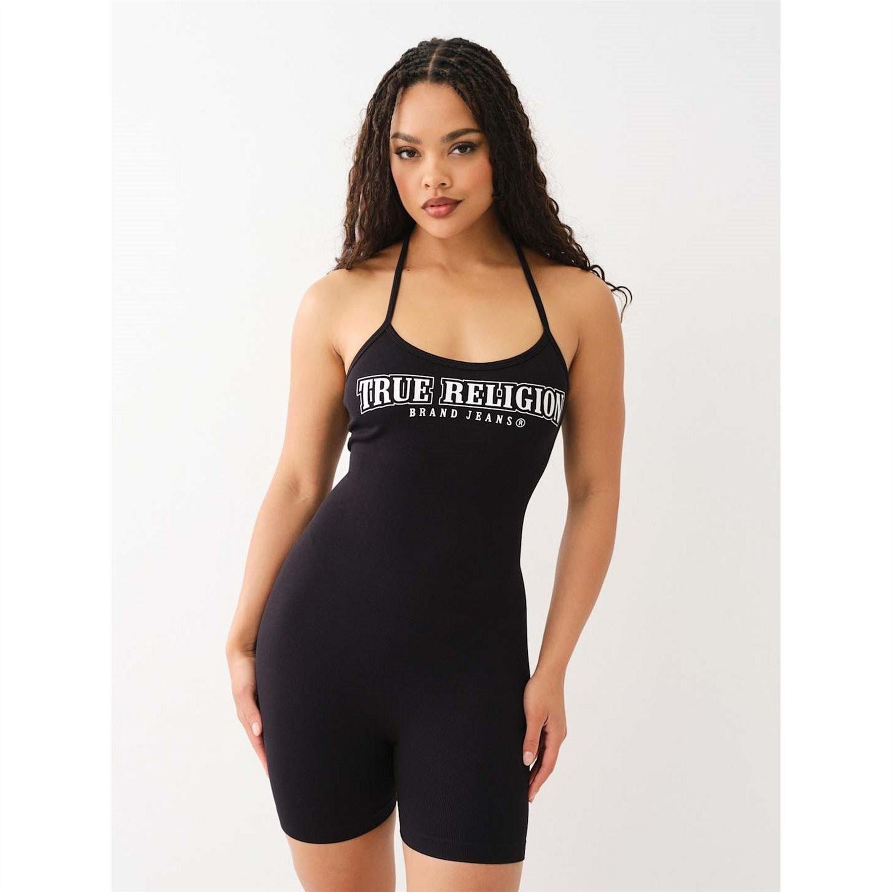 True Religion Halter Neck Lettering Sleeveless Solid Patterned Romper