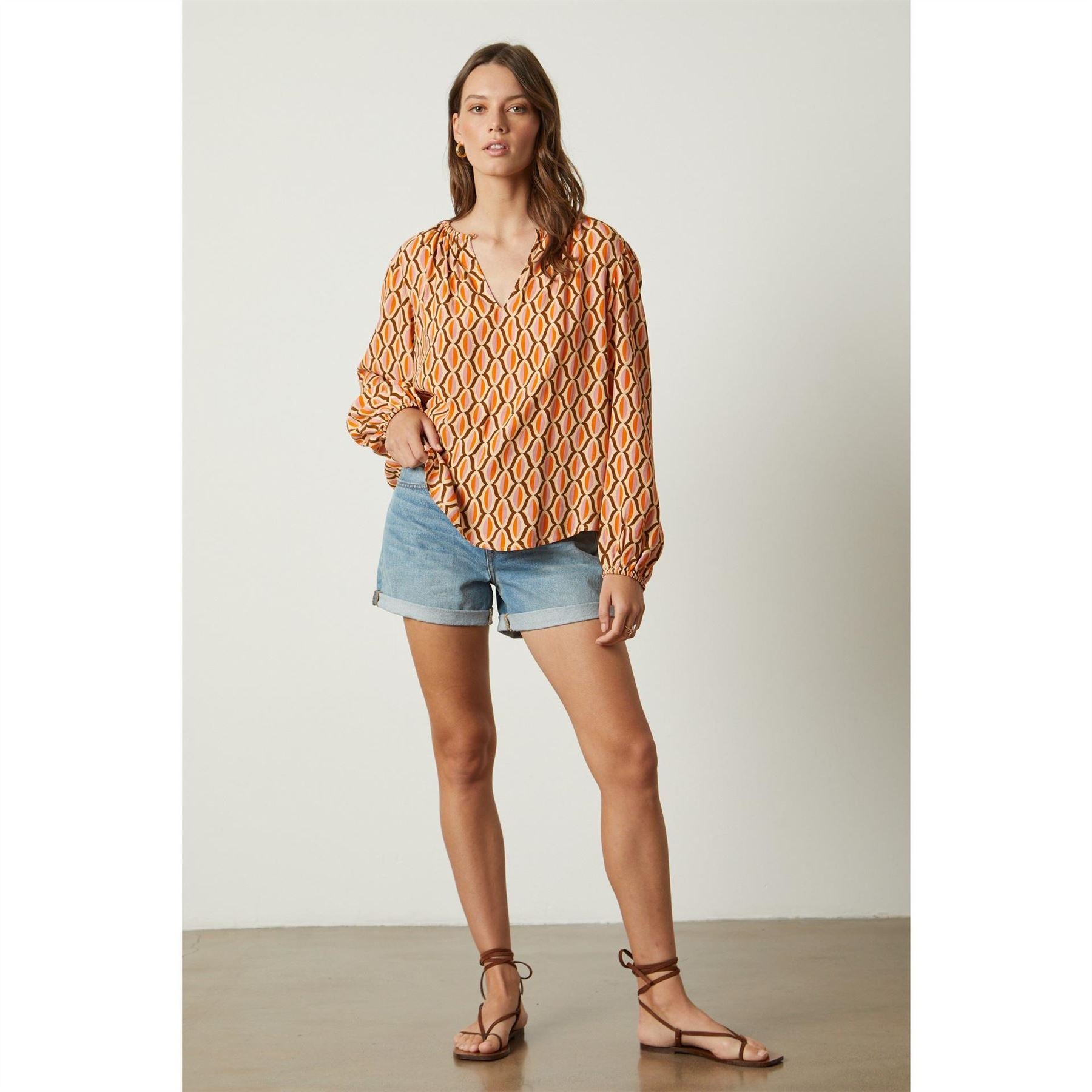 Velvet by Graham and Spencer Geo Geographic Print Balloon Sleeve V-Neck Blouse