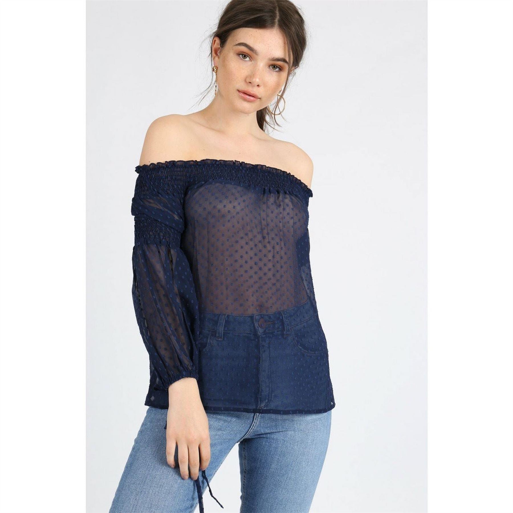 Influence Shirred Bardot Off Shoulder Top
