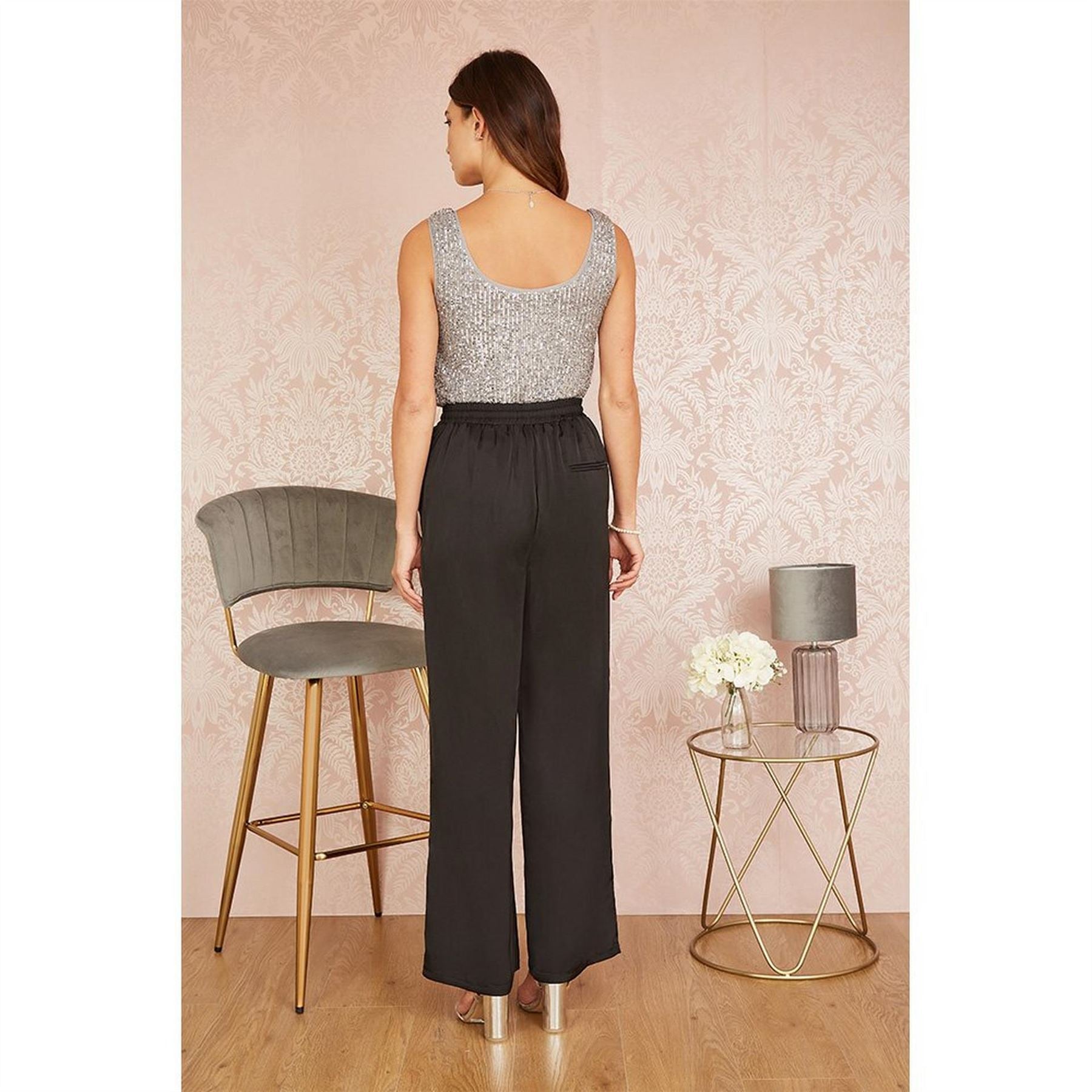 Yumi Black Satin Relaxed Wide Leg Trousers