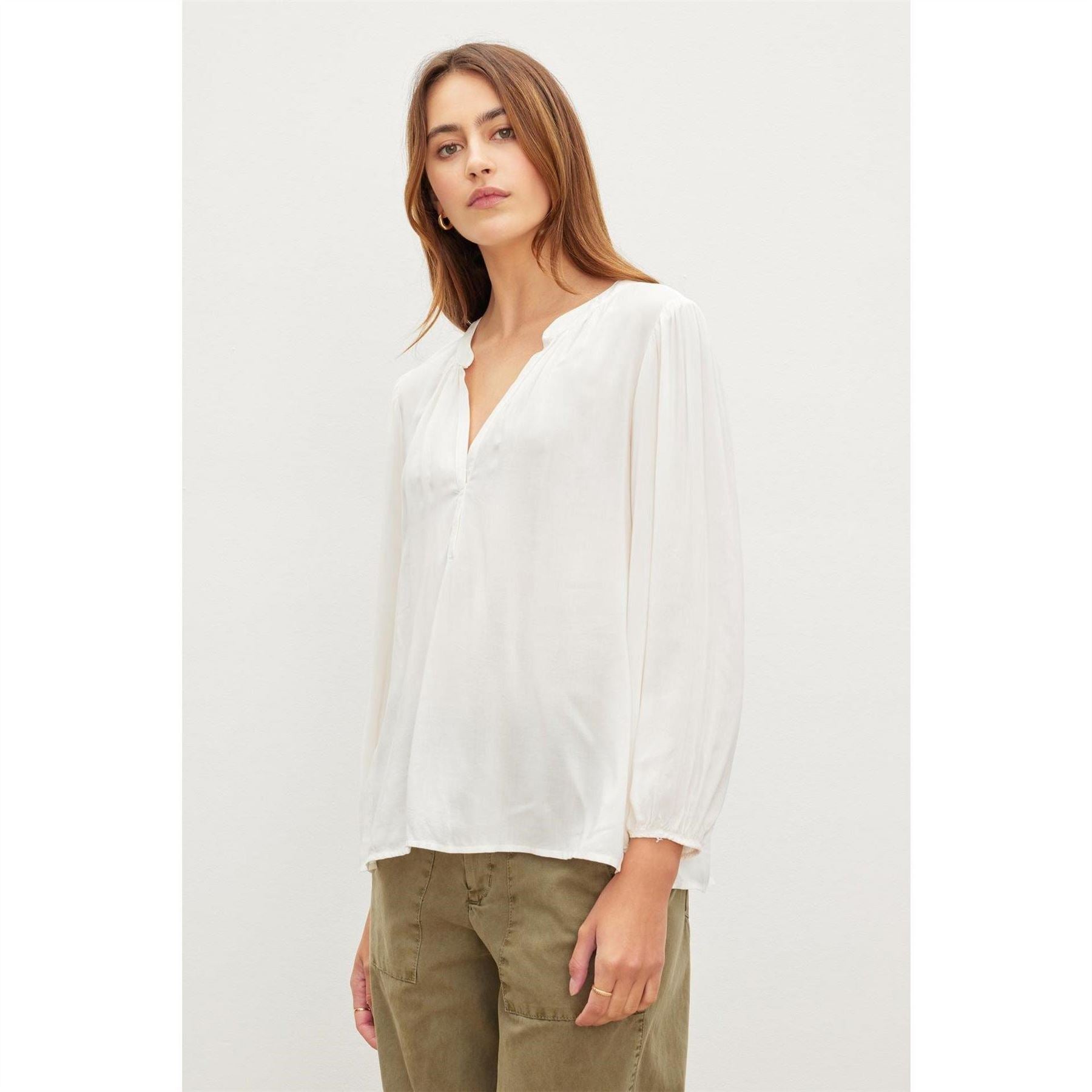 Velvet by Graham and Spencer Regular Fit Puff Sleeve V-Neck Blouse