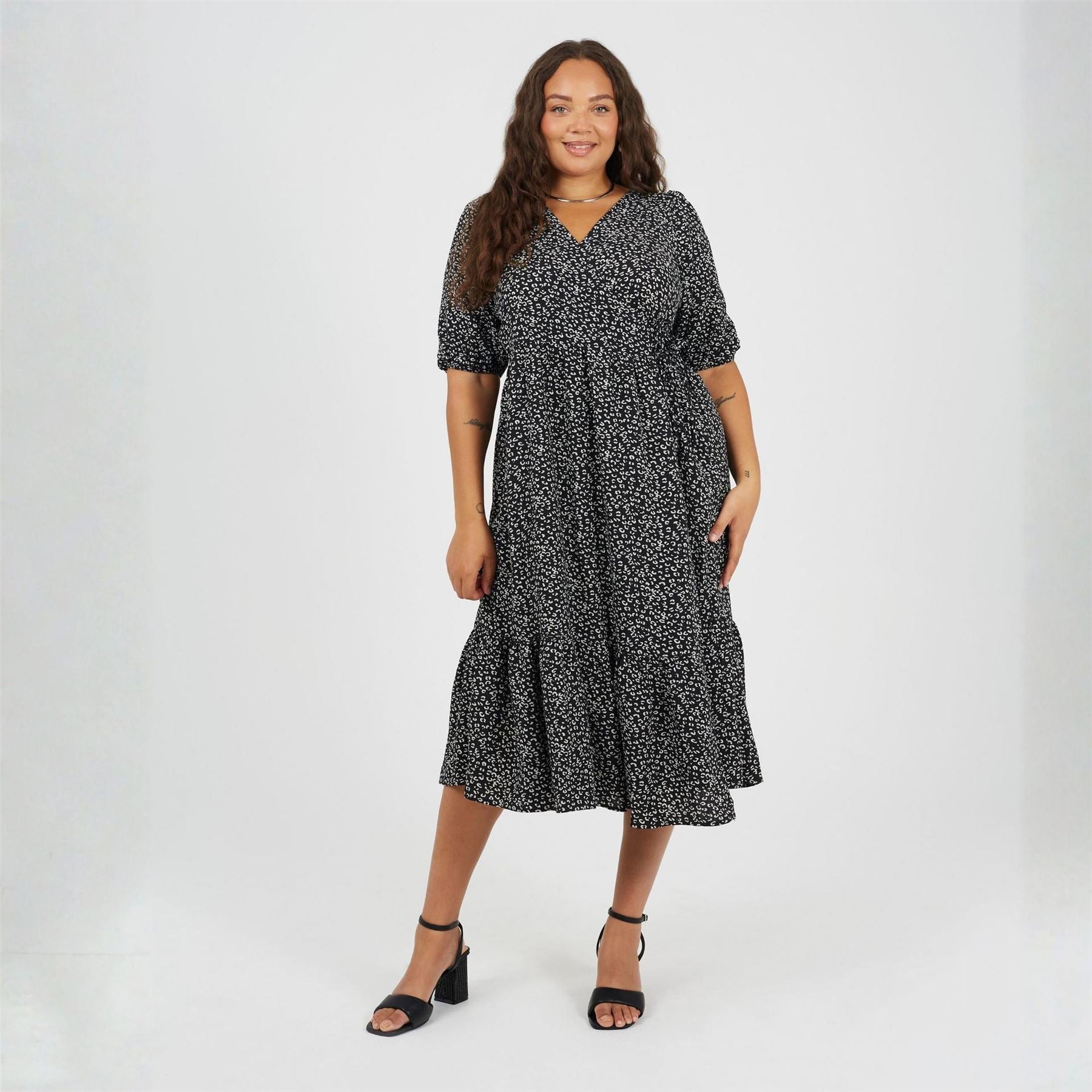 Brave Soul Plus Size Wrap Front Midi Dress With Puff Sleeves