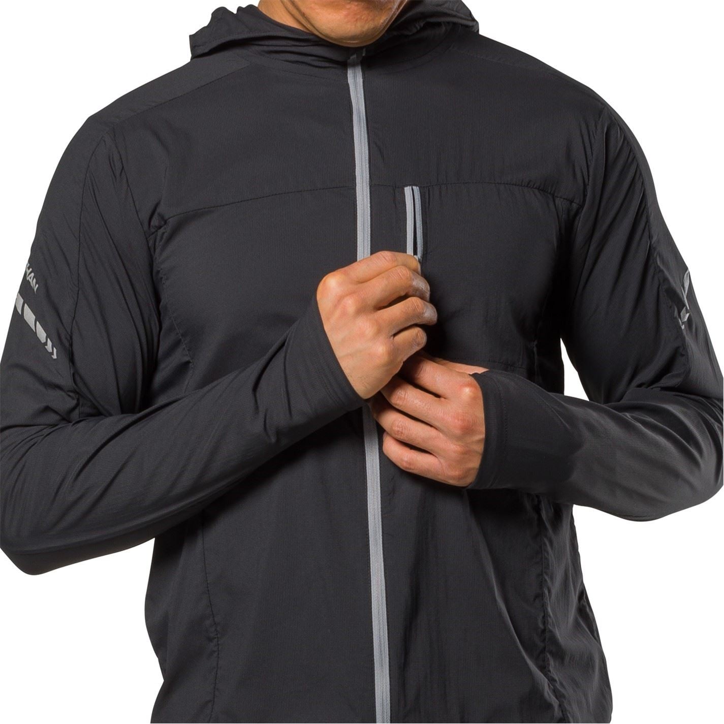 Nathan Stealth Solid Patterned Hooded Windbreaker with Zipped Pocket and Reflective Ribbon