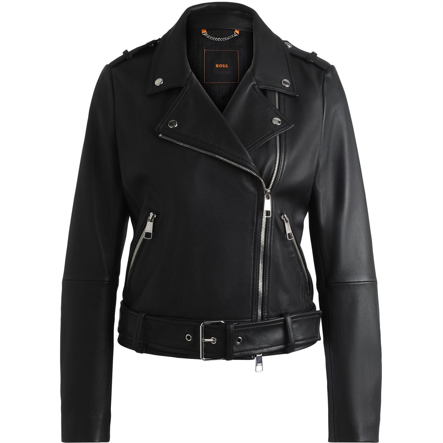 Boss Solid Patterned Asymmetric Zipper Lapel Collared Bike Jacket