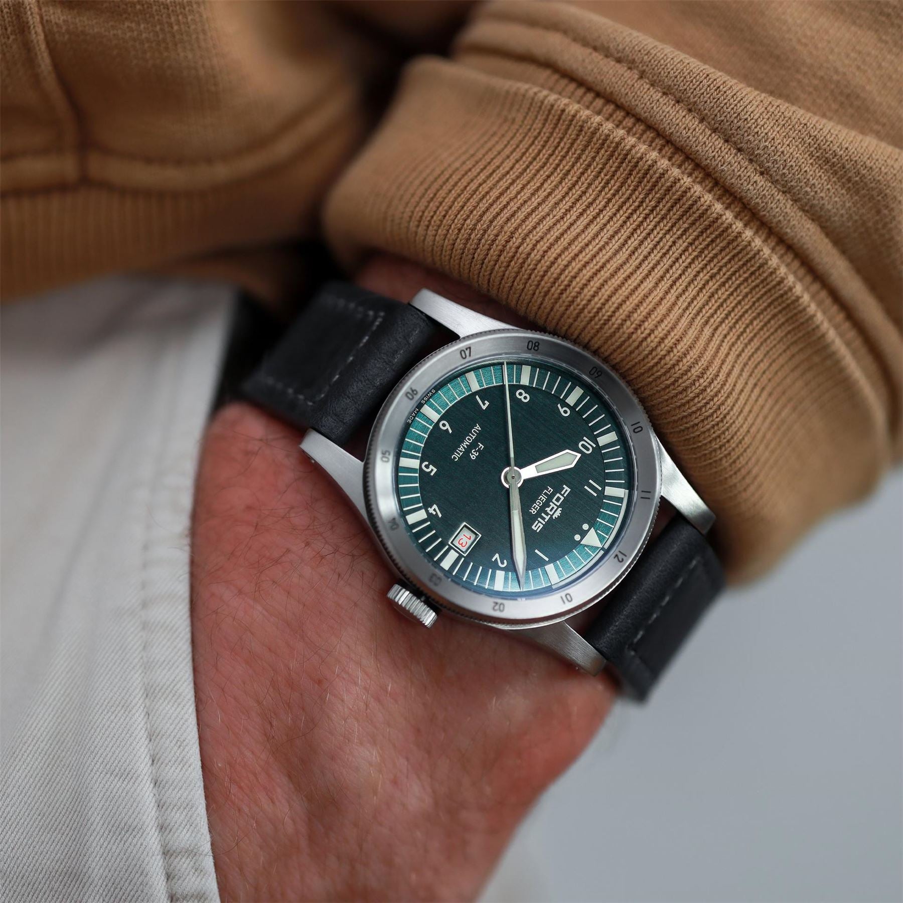 Fortis Flieger Stainless Steel Leather Strap Automatic Auto Analogue Watch