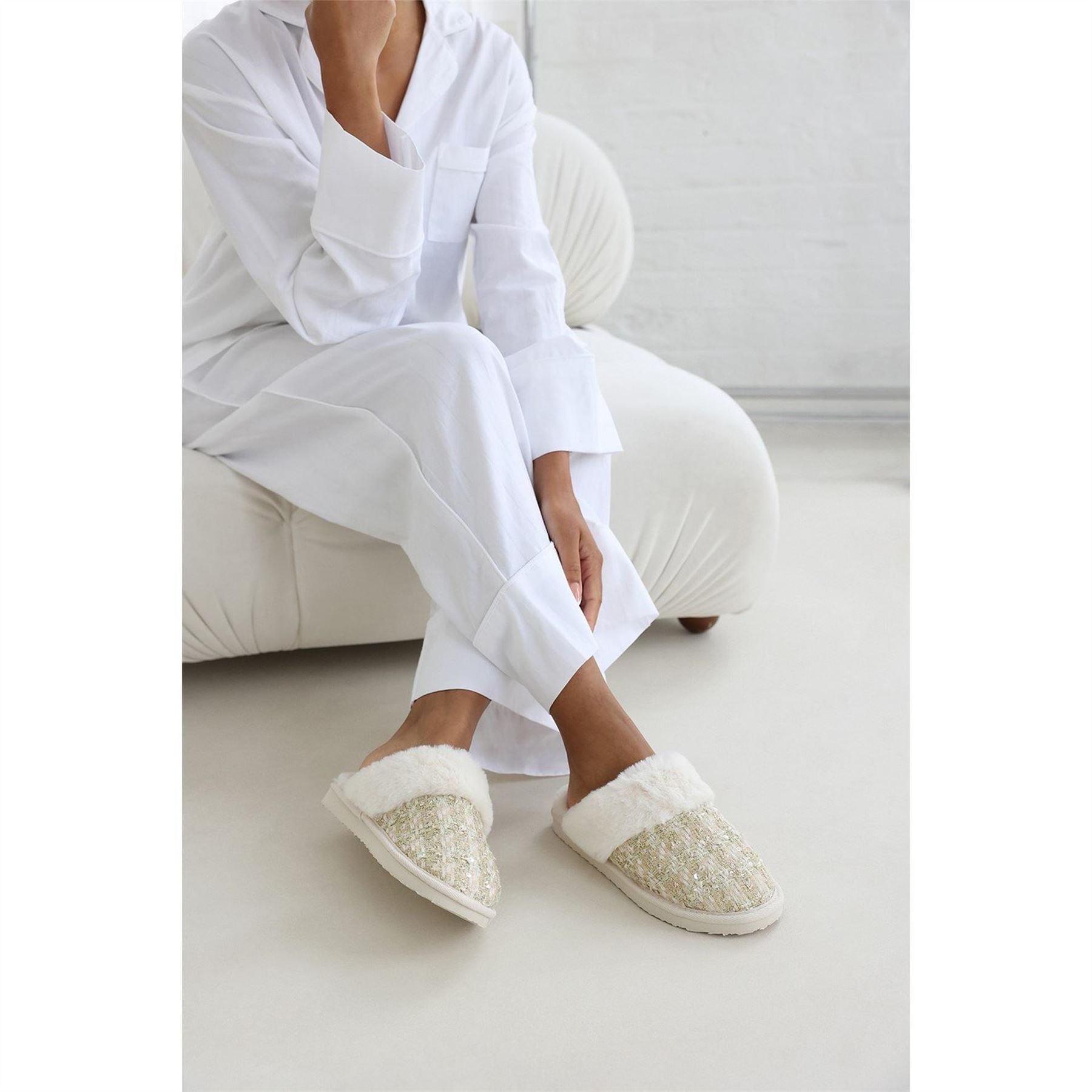 Wheres That From Sequin Tweed Mule Slippers With Faux Fur Trim