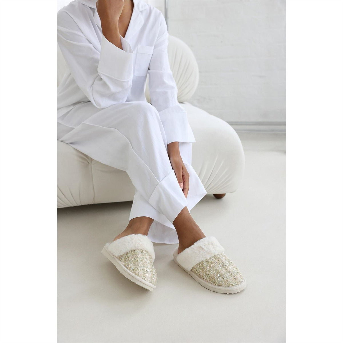 Wheres That From Sequin Tweed Mule Slippers With Faux Fur Trim
