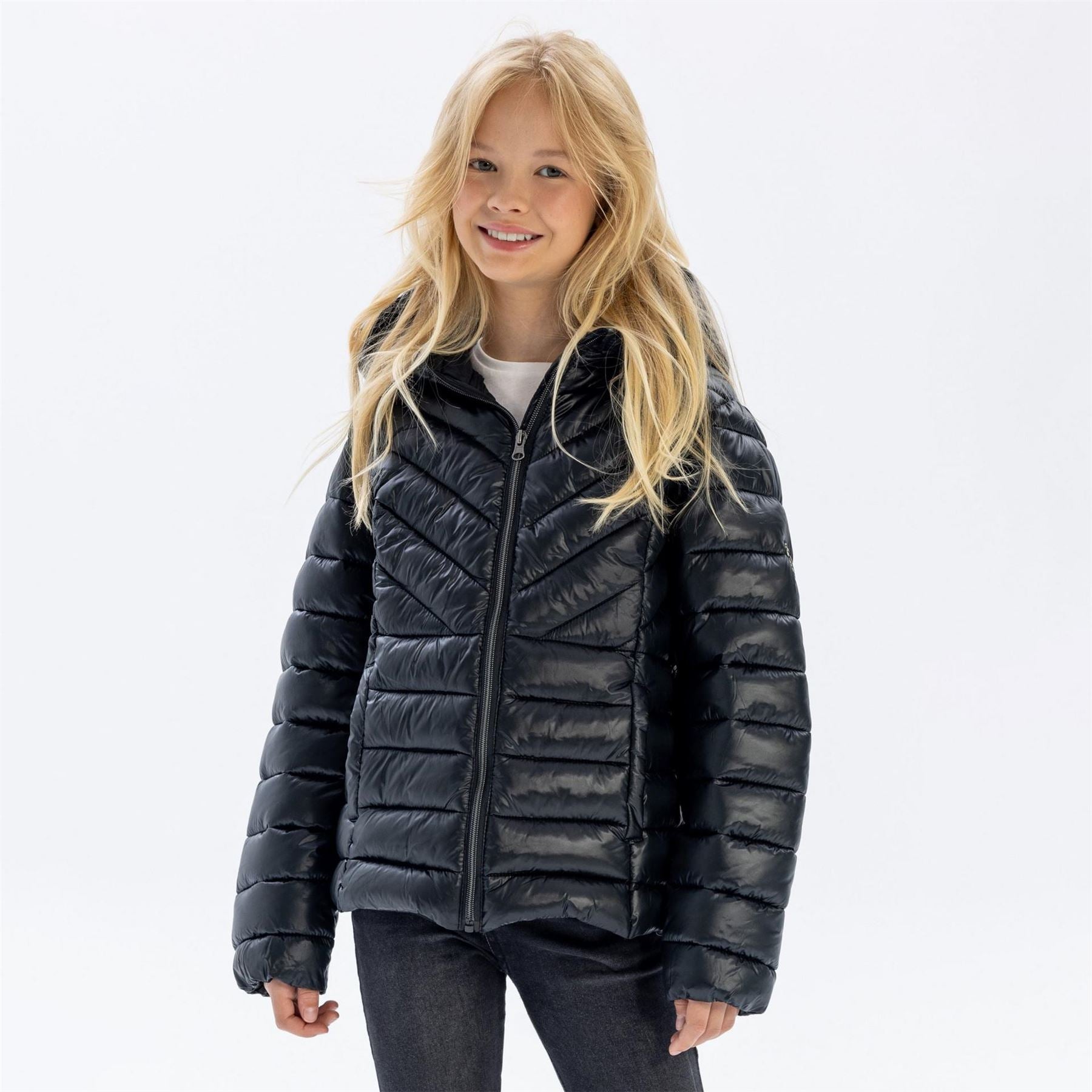Minoti Girls Quilted Hooded Jacket Zip Fastening Black