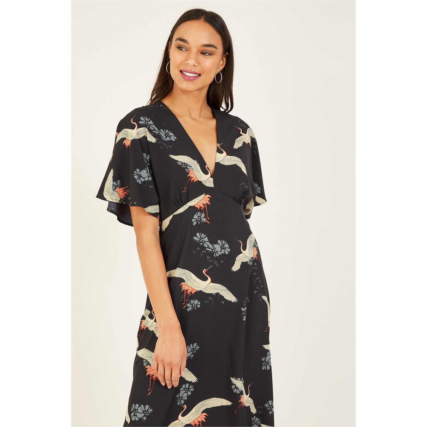 Yumi Crane Print Midi Dress