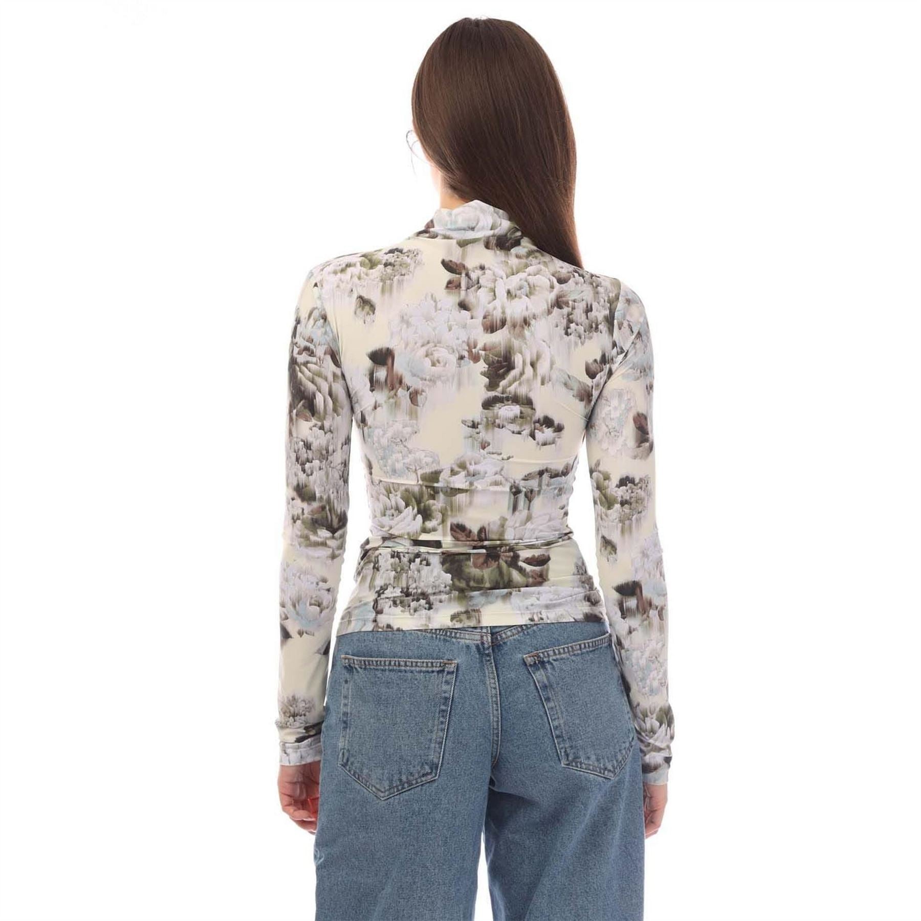 Off White Sec Skin Twist Long Sleeve Top, Chinese Flower Pattern