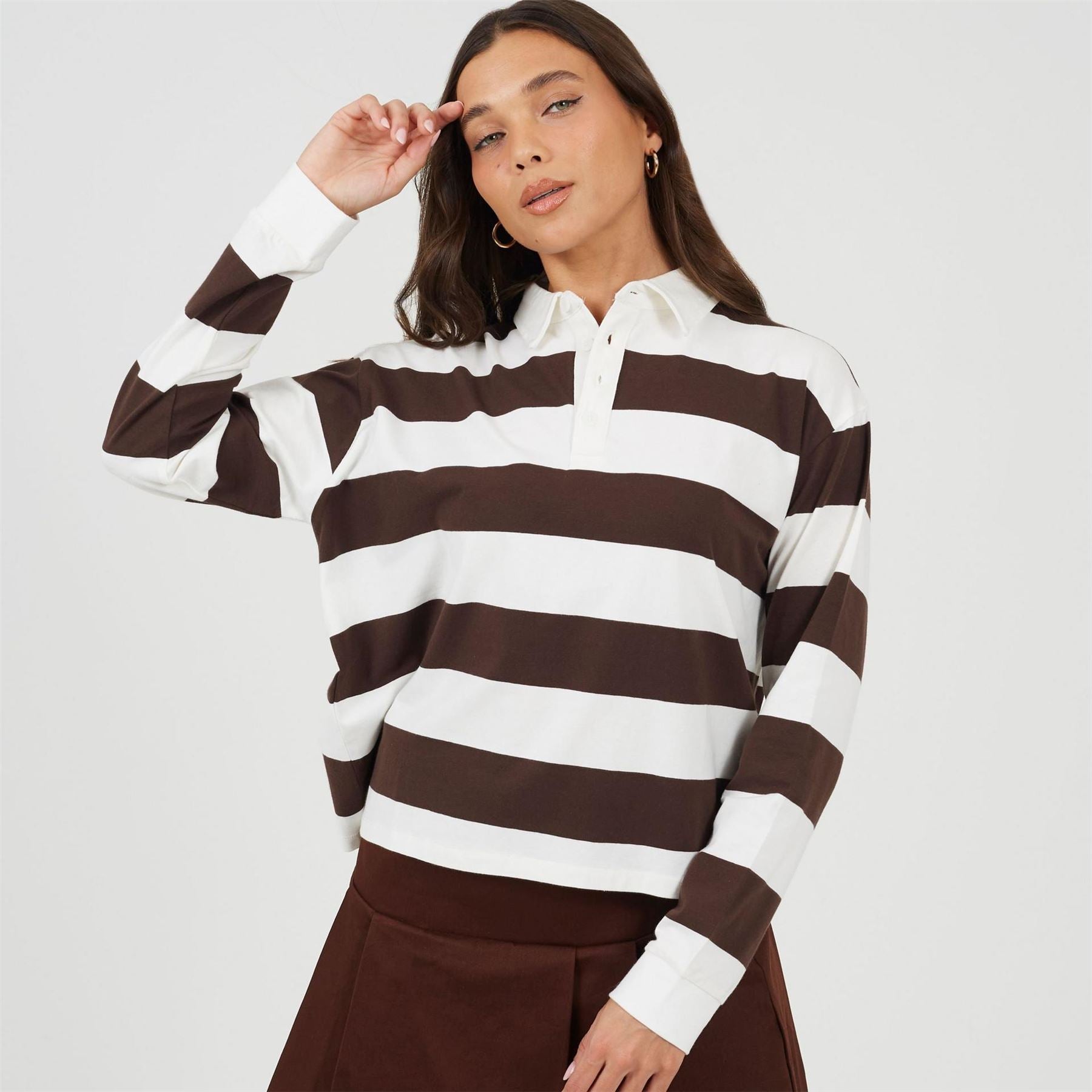 Brave Soul Womens Rugby Style Long Sleeve Top With Stripe