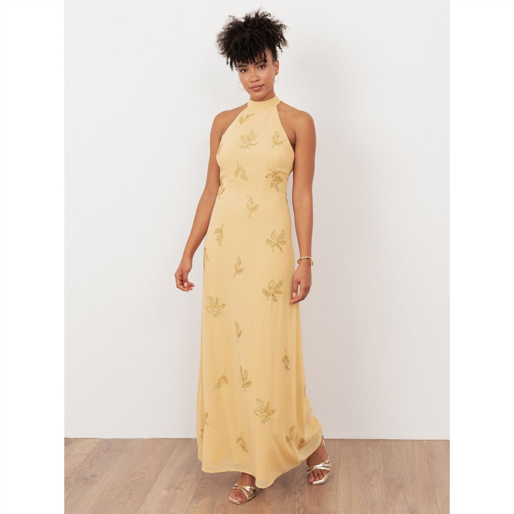 Maya Deluxe Buttercream Embellished Halter Neck  And  Open Back Maxi Dress