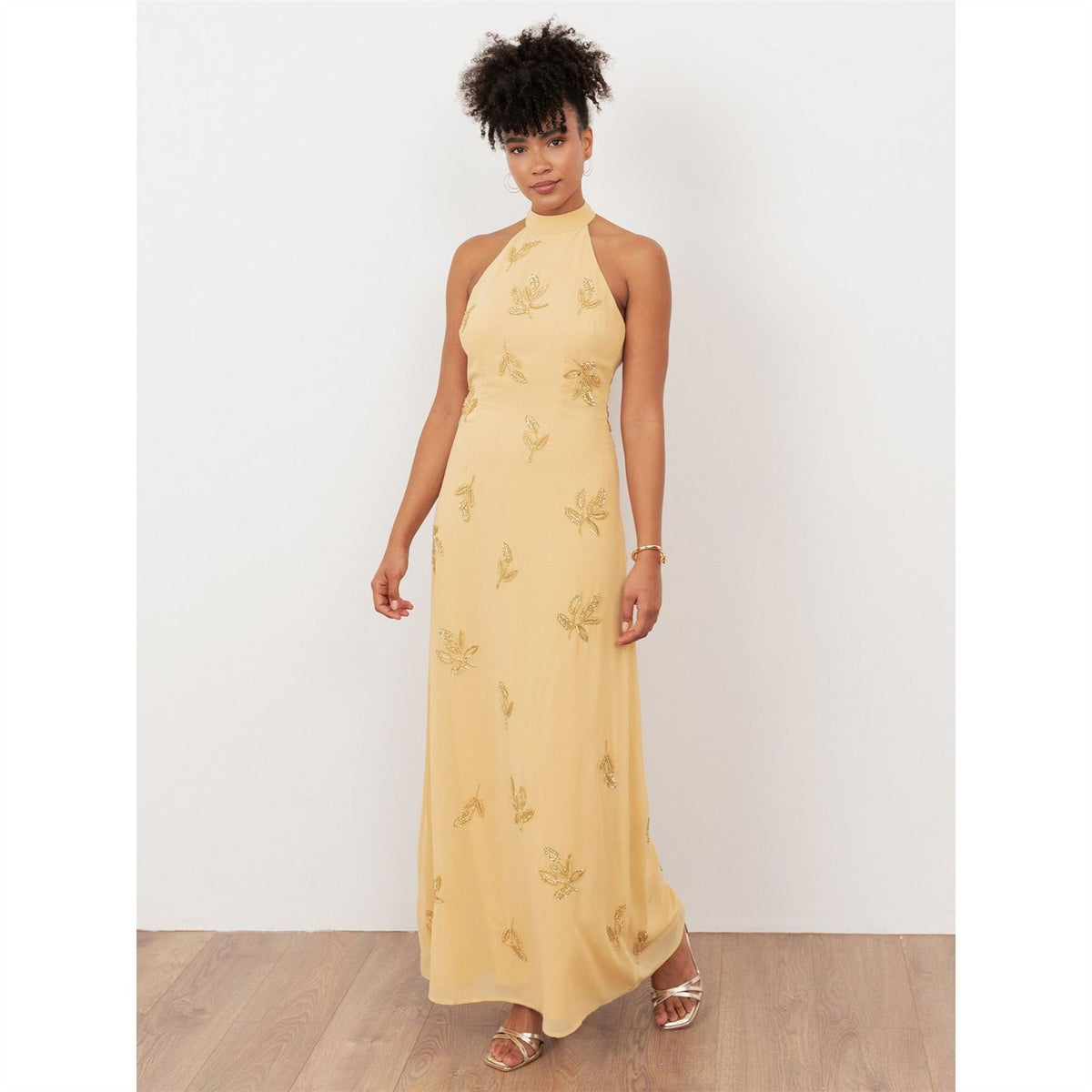 Maya Deluxe Buttercream Embellished Halter Neck  And  Open Back Maxi Dress