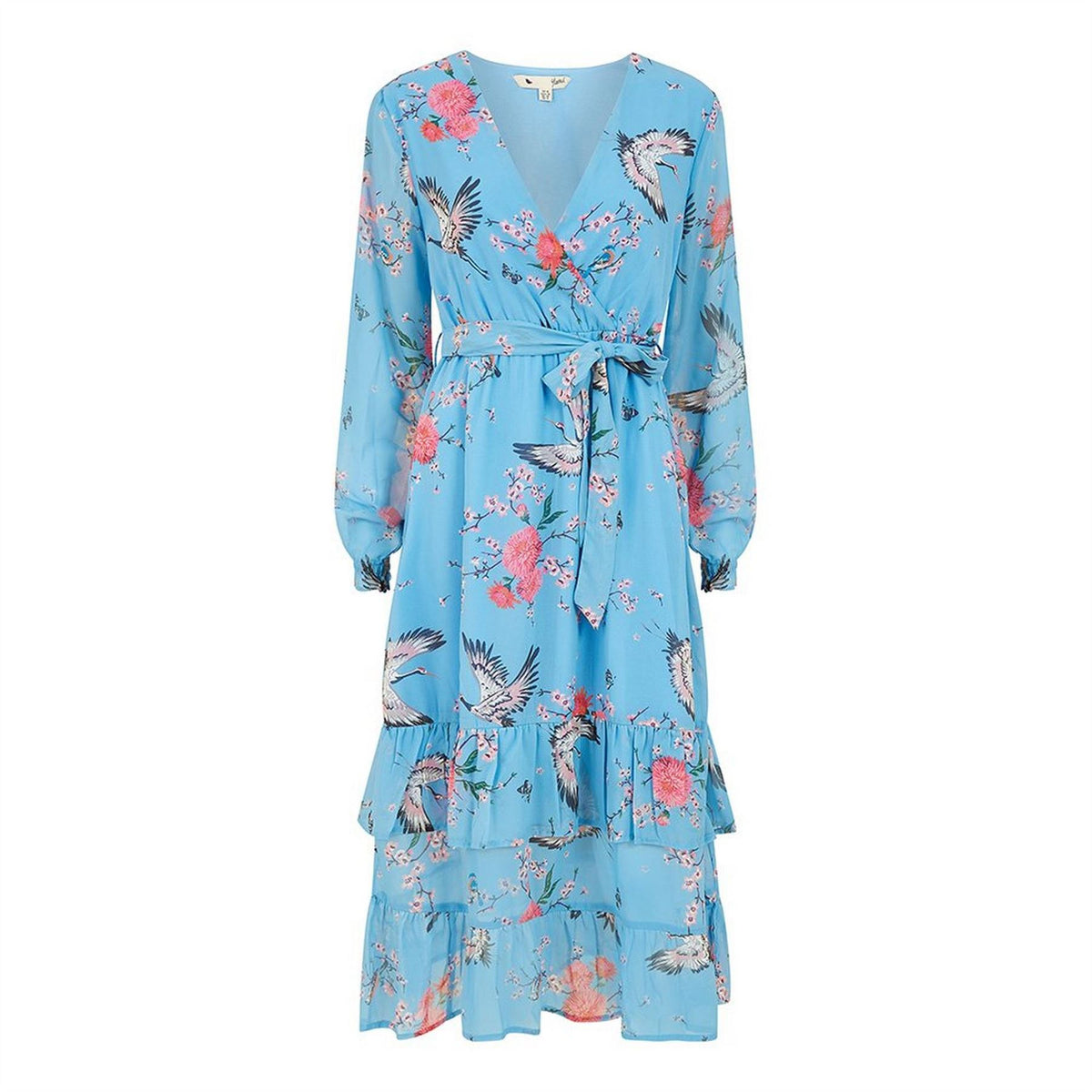 Yumi Crane Print V-Neck Midi Wrap Dress