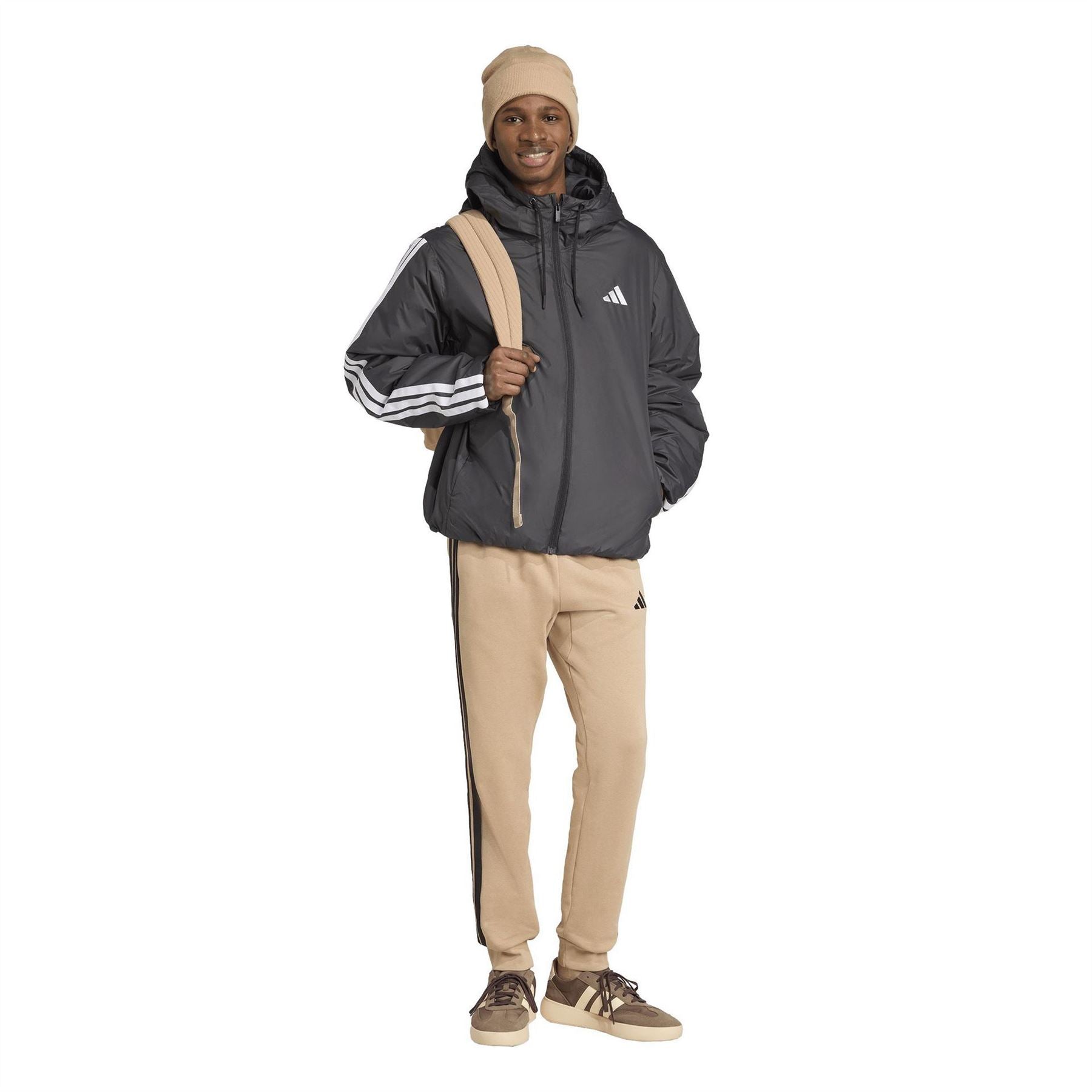 adidas 3 Stripe Essential Waterproof Wind Resistant Long Sleeve Puffer Jacket