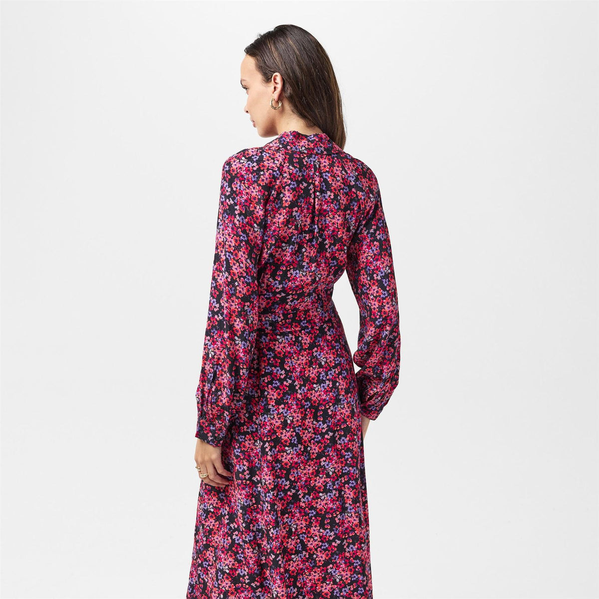 French Connection V-Neck Midi A-Line Dress with Floral Pattern and Long Sleeves