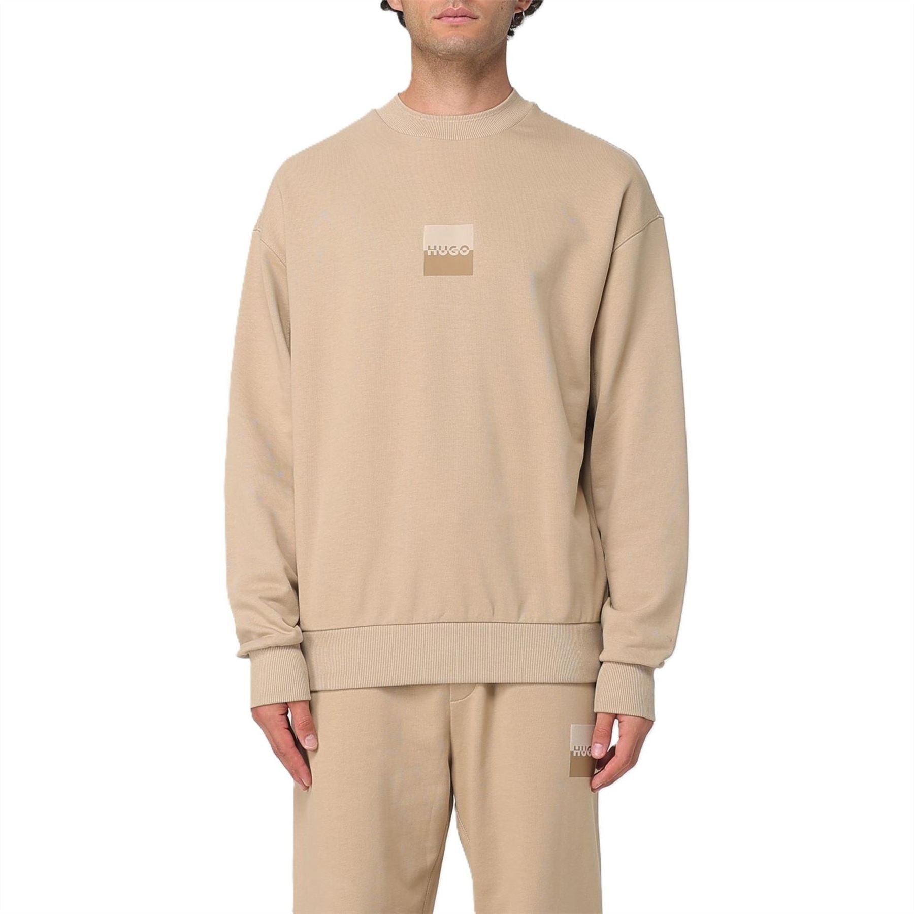 Hugo Box Print Crew Neck Ribbed Collar Long Sleeve Sweatshirt