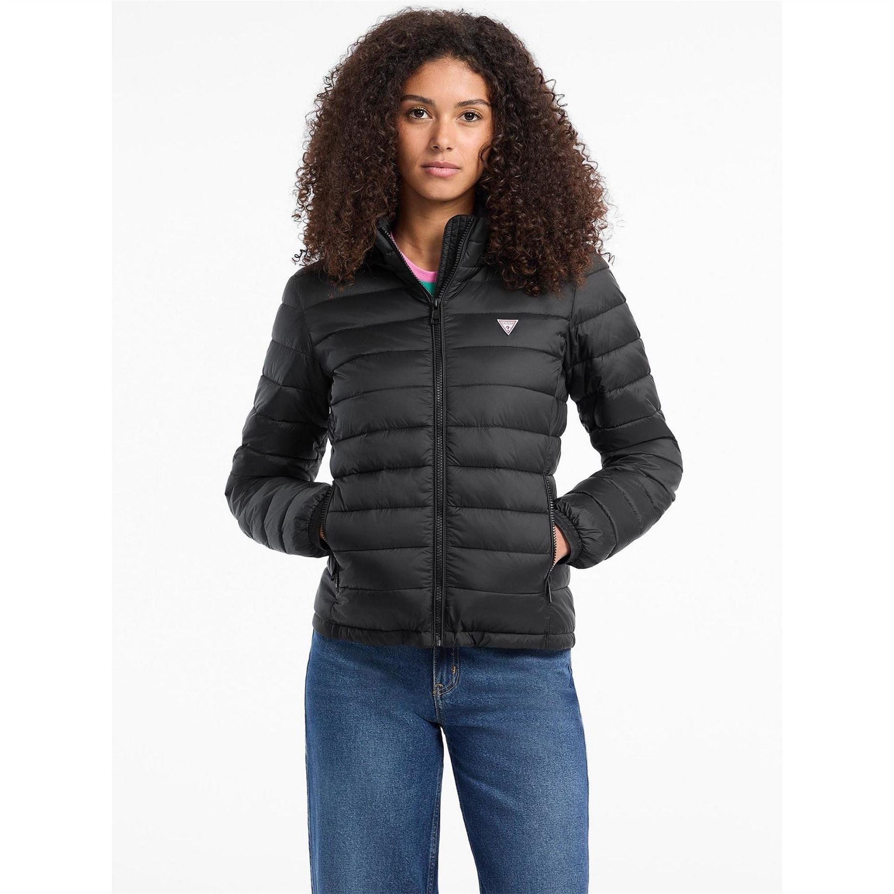 Guess Solid Patterned Hooded Zipped Pocket Puffer Jacket