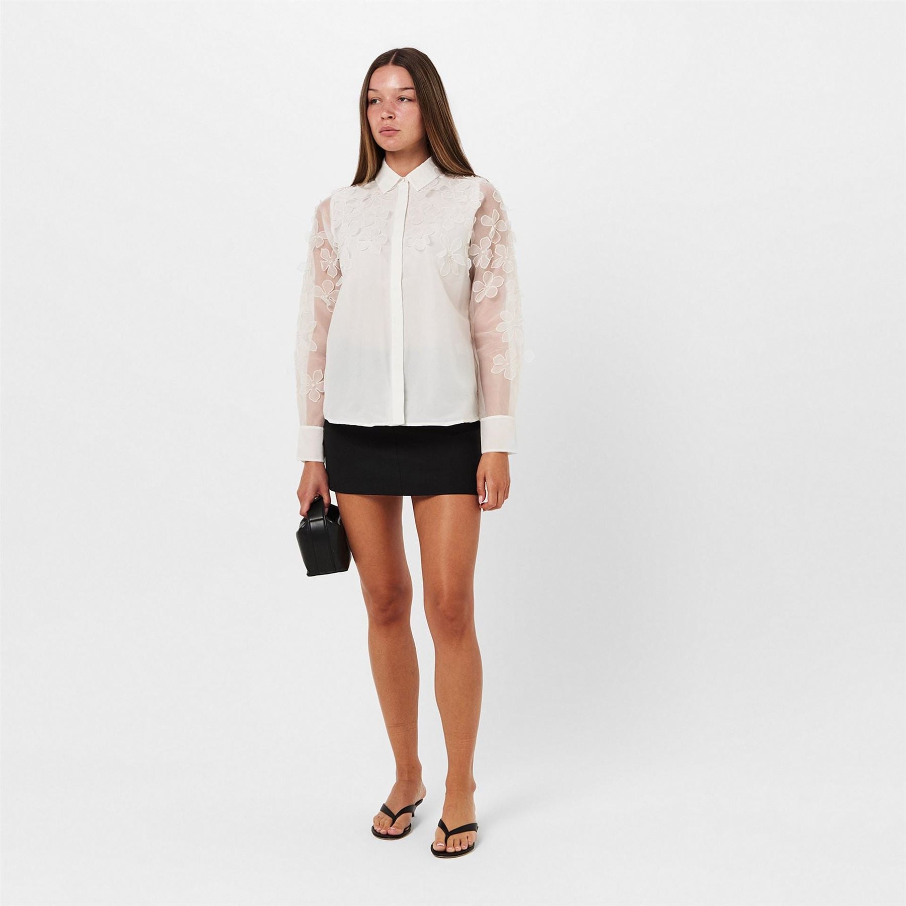 French Connection 3D Floral Embellished Relaxed Fit Long Sleeve Cuff Shirt