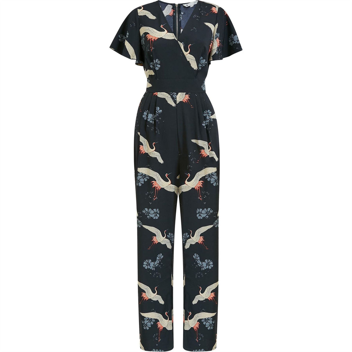 Yumi Crane Print Wide Leg Jumpsuit with Flutter Sleeves