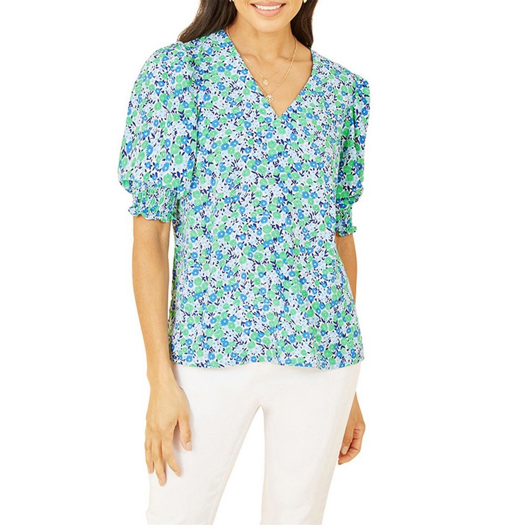 Yumi Green Ditsy Print Puff Sleeve Top