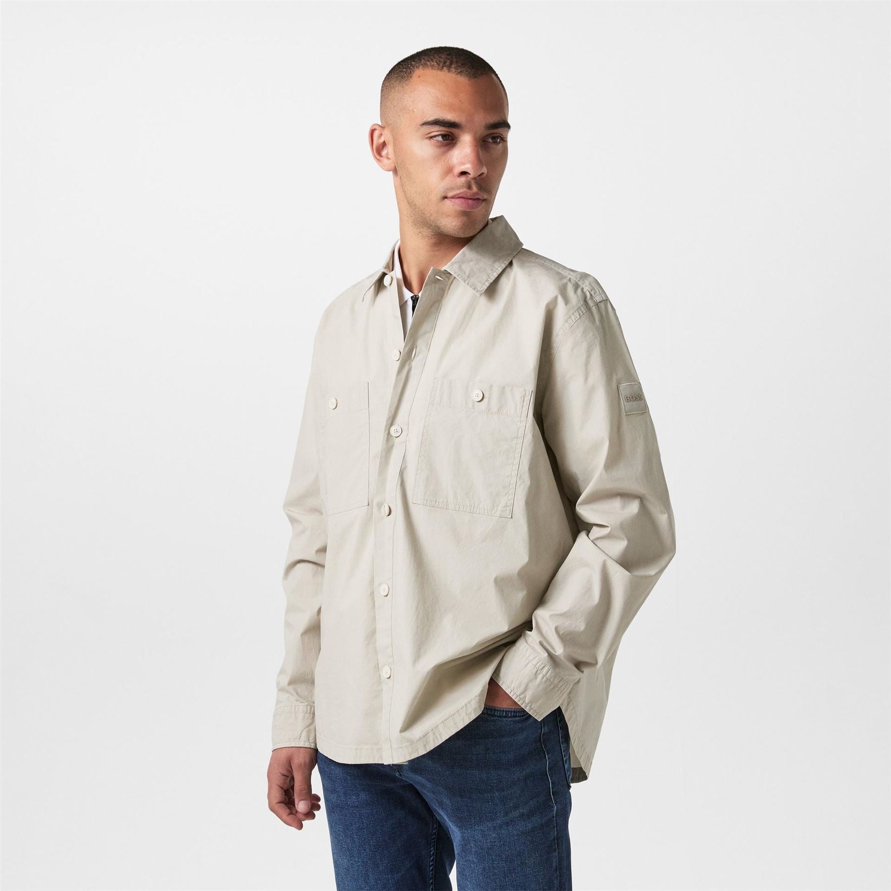 Boss Solid Snap Button Shirt Collared Barrel Cuff Overshirt