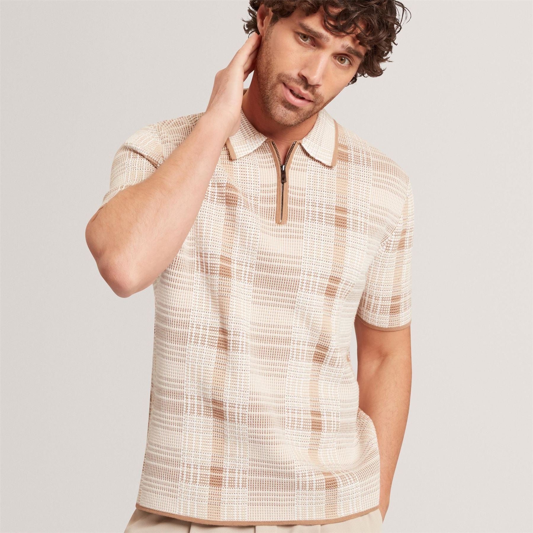 Ted Baker Checked Zip Neck Cotton Knit Polo