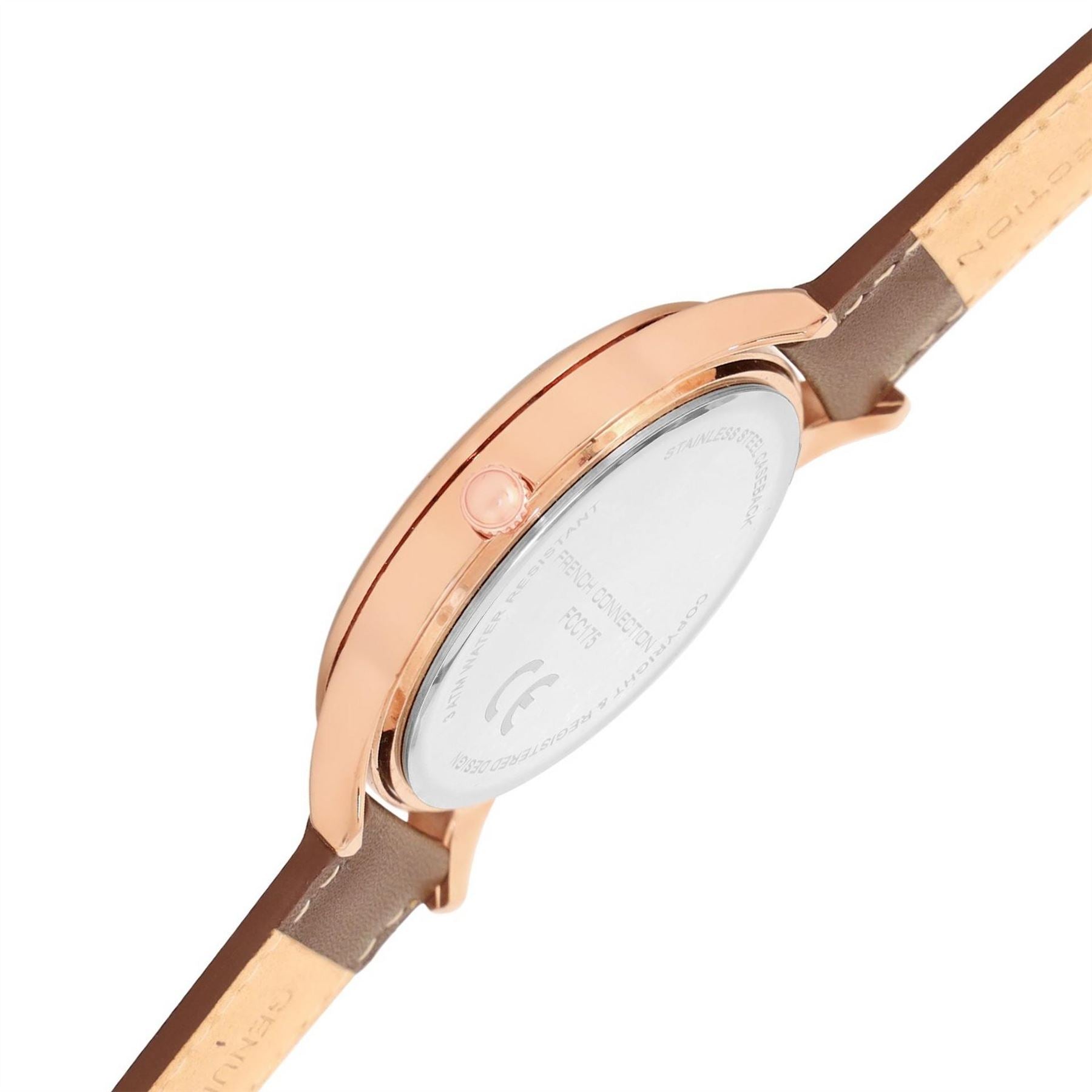 French Connection Connection Rose Case Round Shape Black Strap Quartz Watch