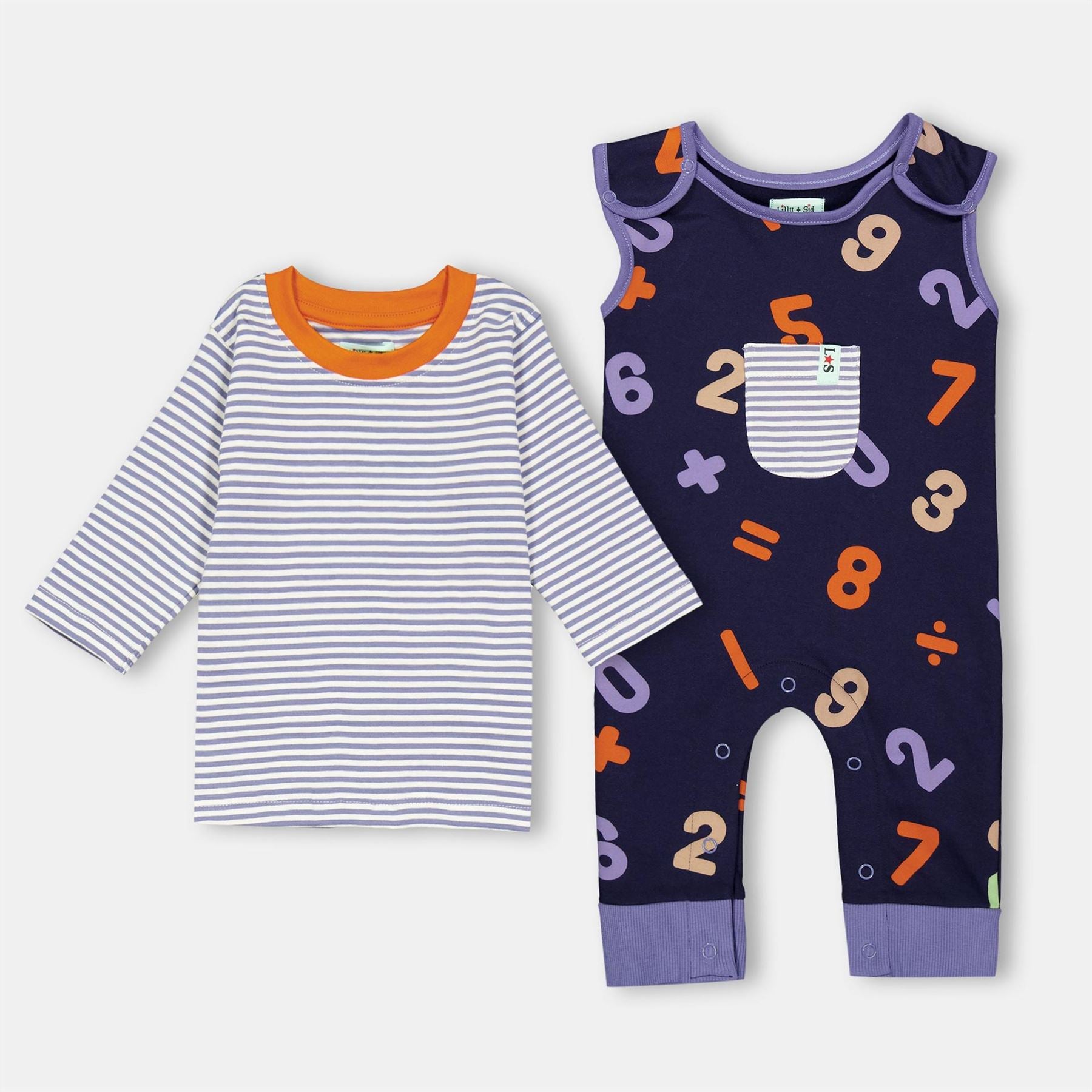 Lilly and Sid Crew Neck Number on Back Long Sleeve Dungaree Set