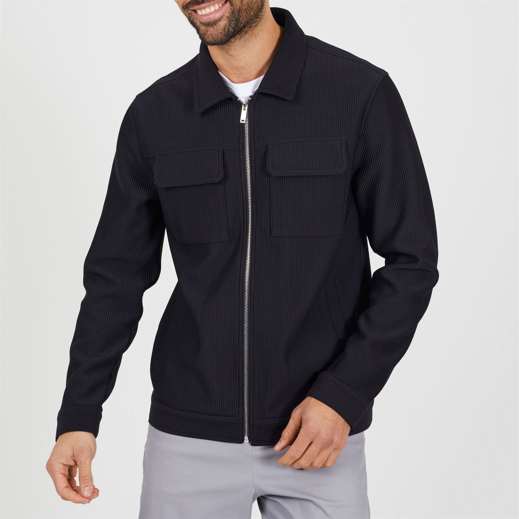 Brave Soul Ribbed Collared Jacket With Chest Pockets