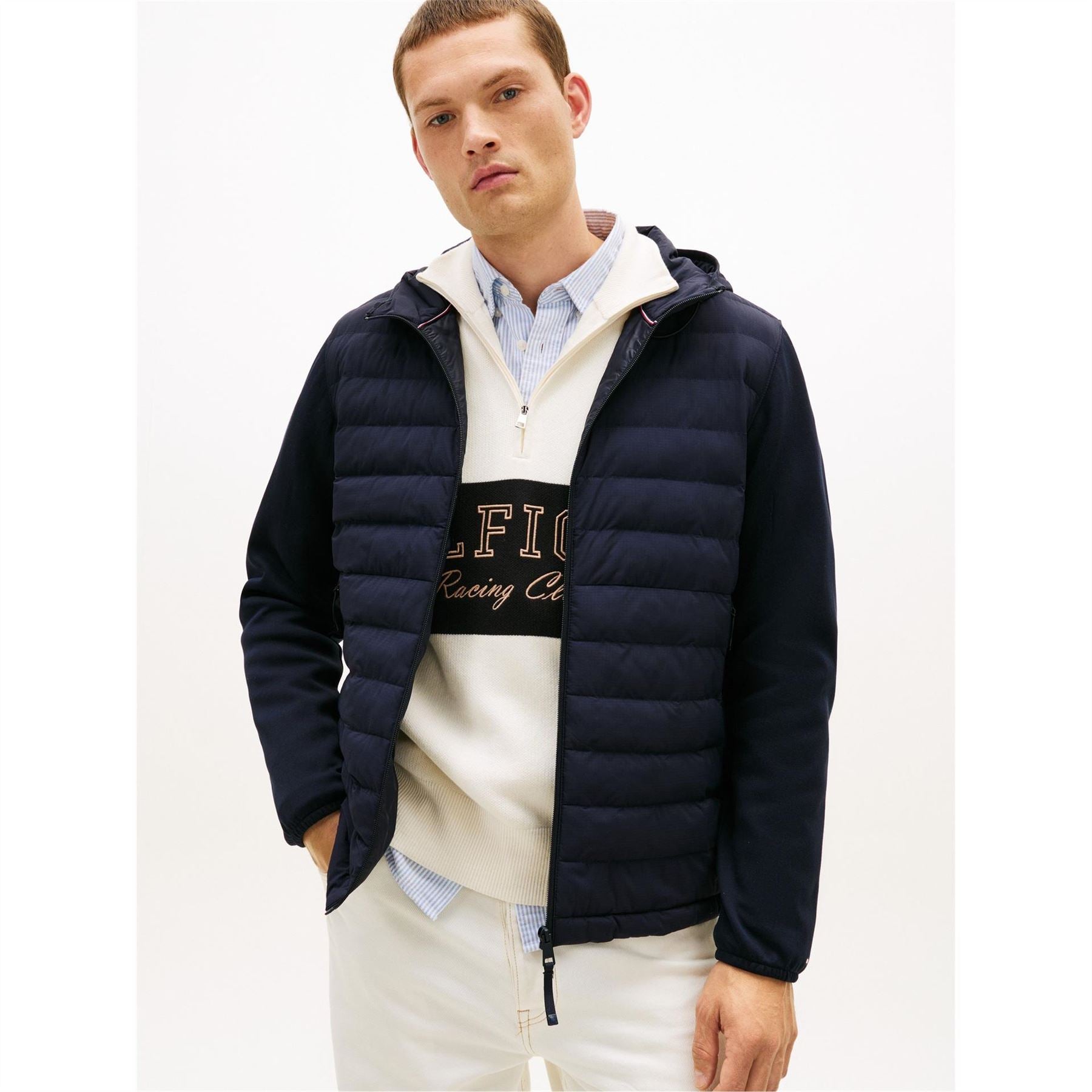 Tommy Hilfiger Hooded Neck Horizontal Stripe Patterned Hybrid Jacket with Zipped Pocket