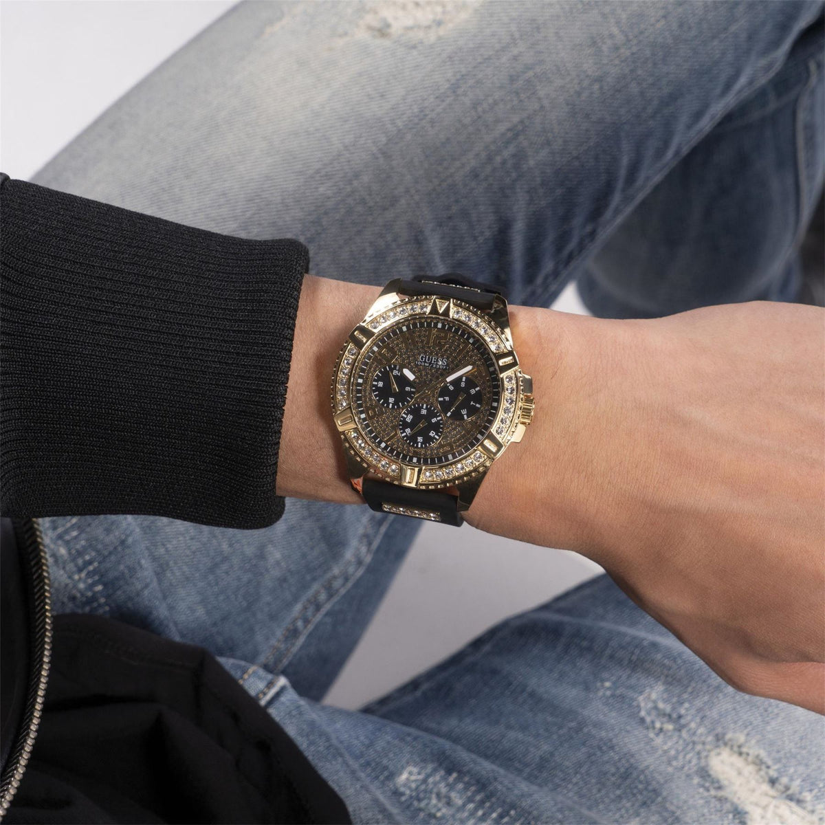 Guess Gold Analogue Fashion Watch with Black Rubber Single Wrap Strap