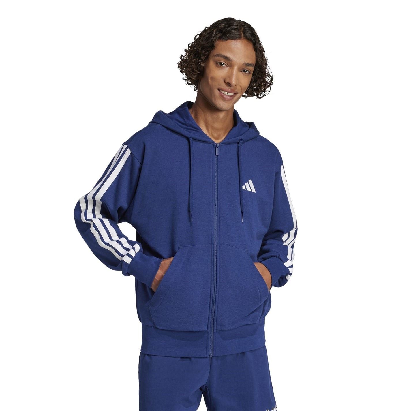 adidas Mens Essentials French Terry 3 Stripes Zip Hoodie