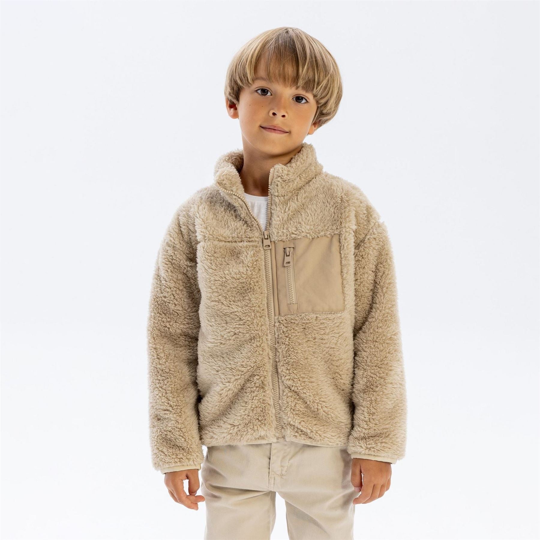 Minoti Boys Sherpa Fleece Zip Jacket Chest Pocket Beige