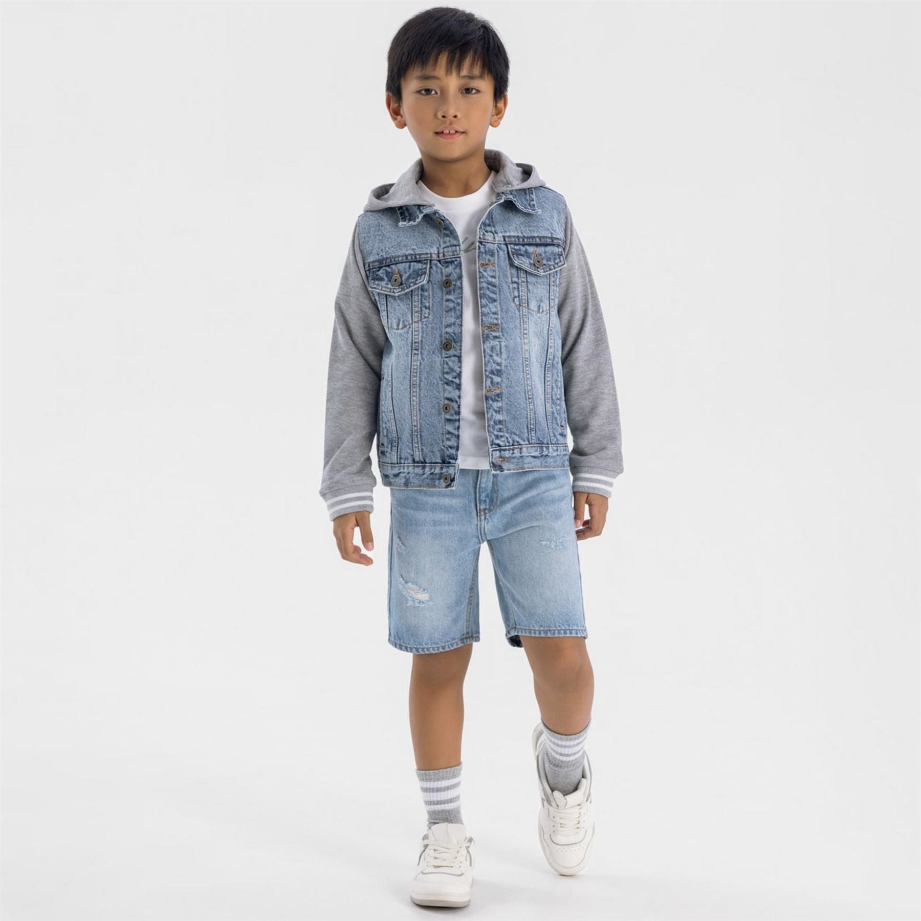 Minoti Boys Denim Jacket Fleece Sleeves Detachable Hood Light Blue