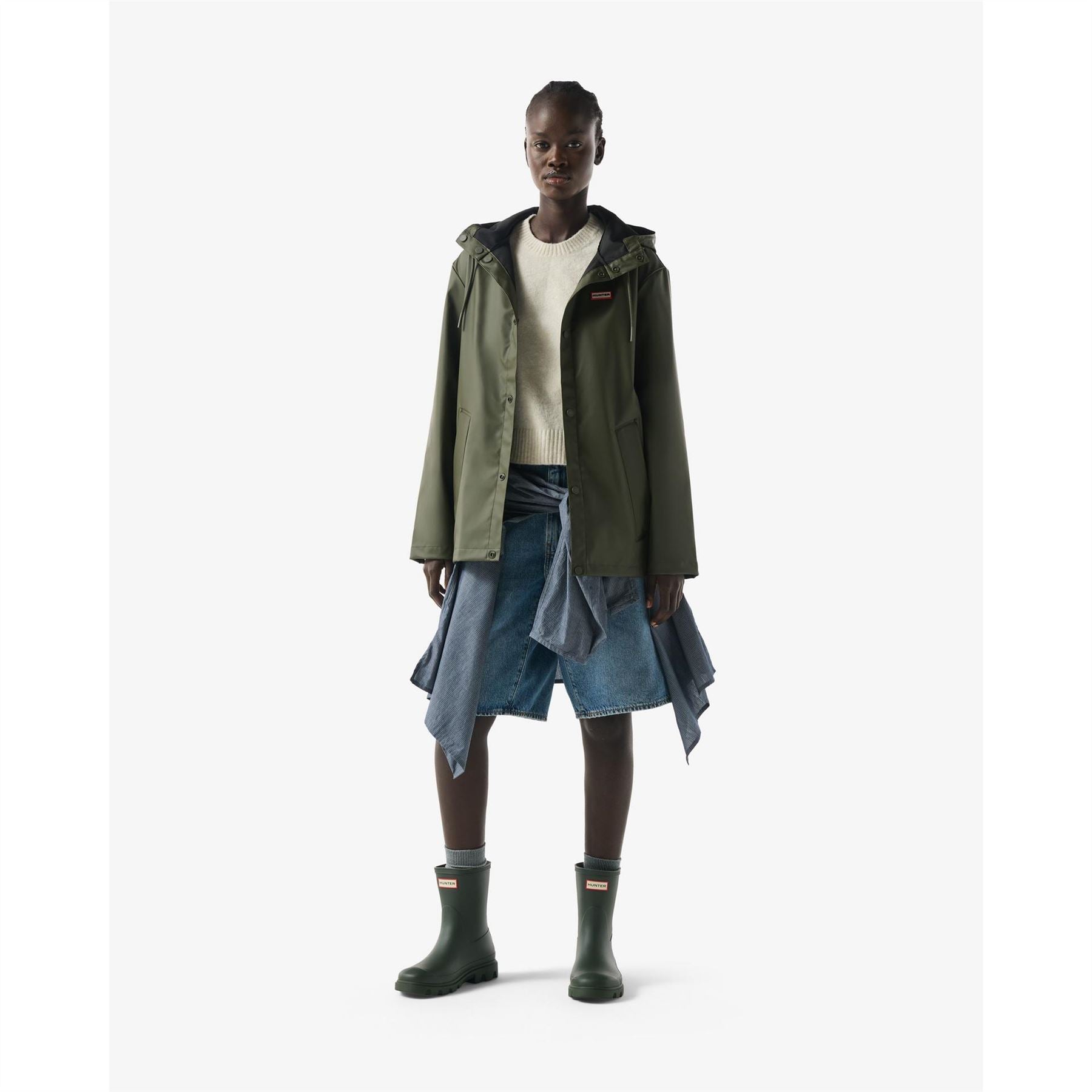 Hunter Solid Patterned Hooded Snap Button Rain Jacket