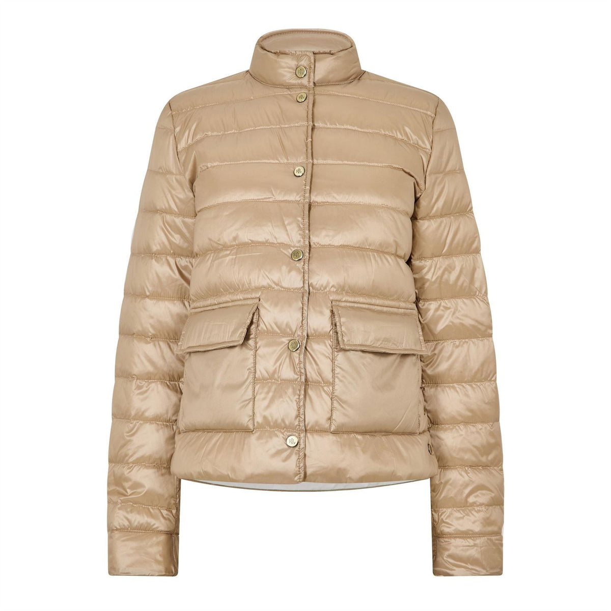 Lauren by Ralph Lauren Horizontal Stripe Band Collared Puffer Jacket with Flap Pocket