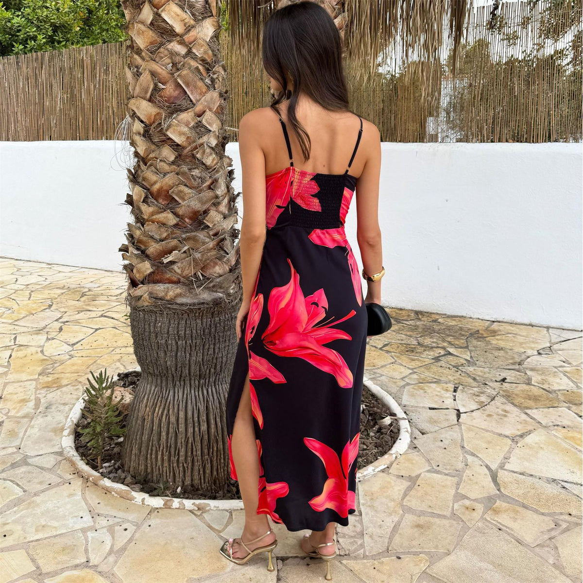 AX Paris And Coral Red Floral Print Strappy Slip Midi Dress