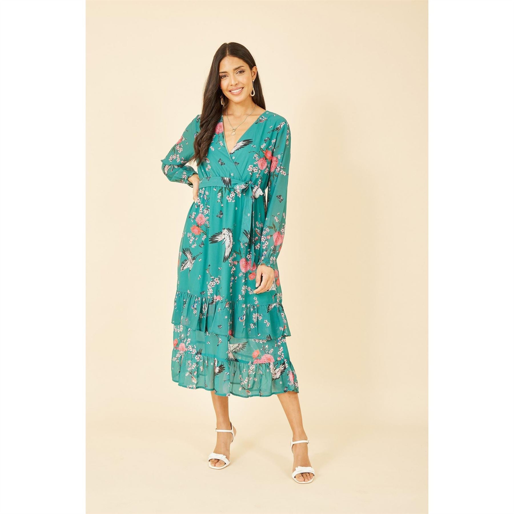Yumi Crane Print Wrap Midi Dress