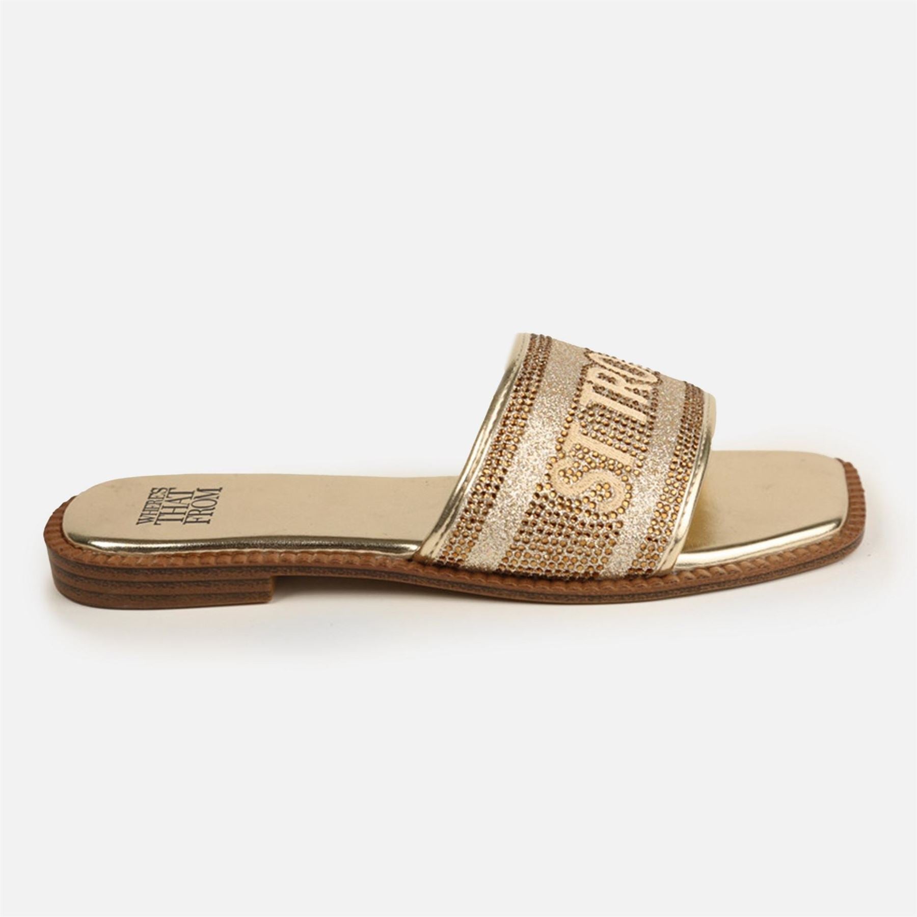 Wheres That From Brandi Stropez Lettering Shined Slide Sandals
