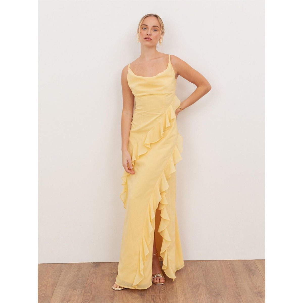 Anaya With Love With Love Recycled Butter Yellow Waterfall Ruffle Cowl Neck Cami Maxi Dress