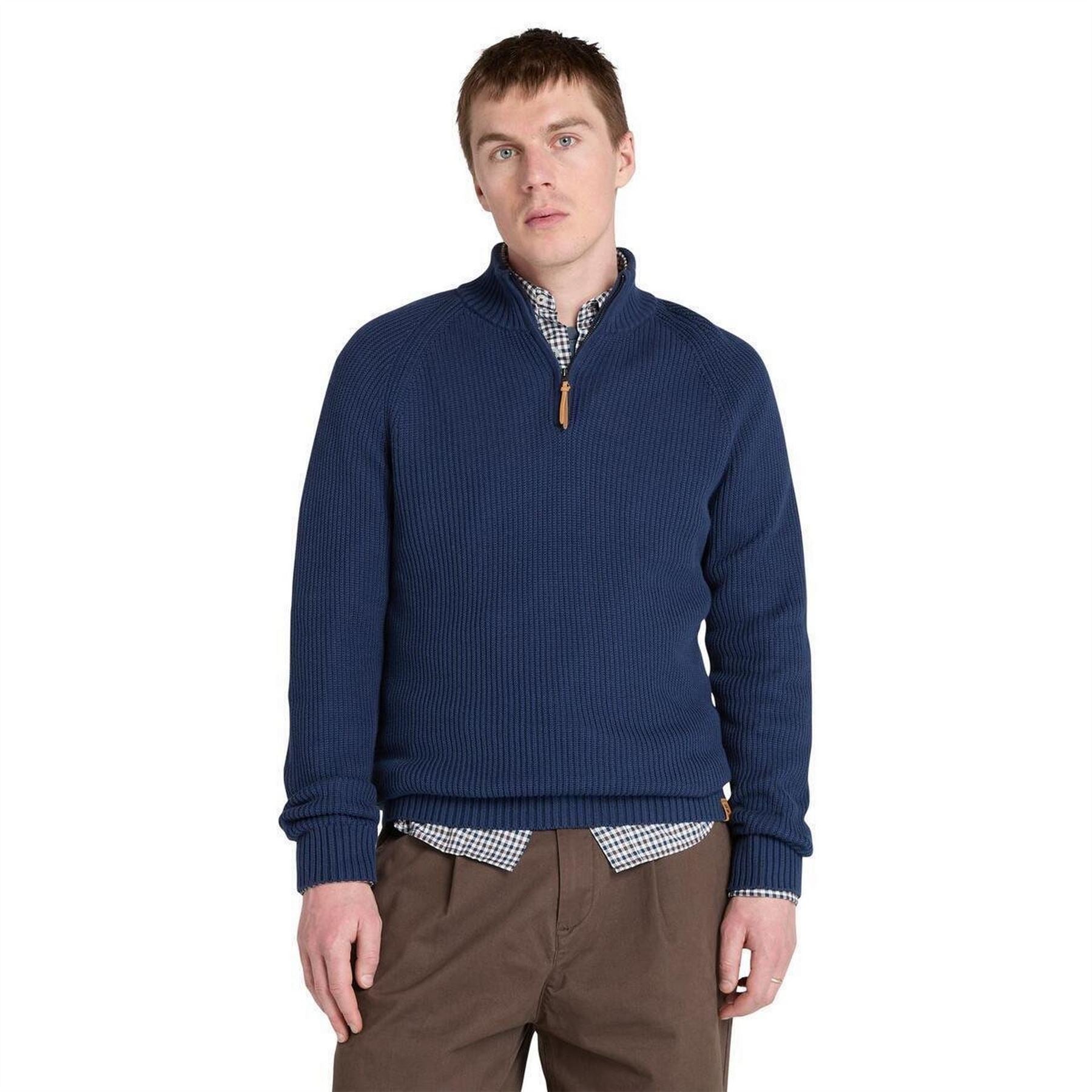 Timberland Zip Neck Ribbed Collar Long Sleeve Sweater