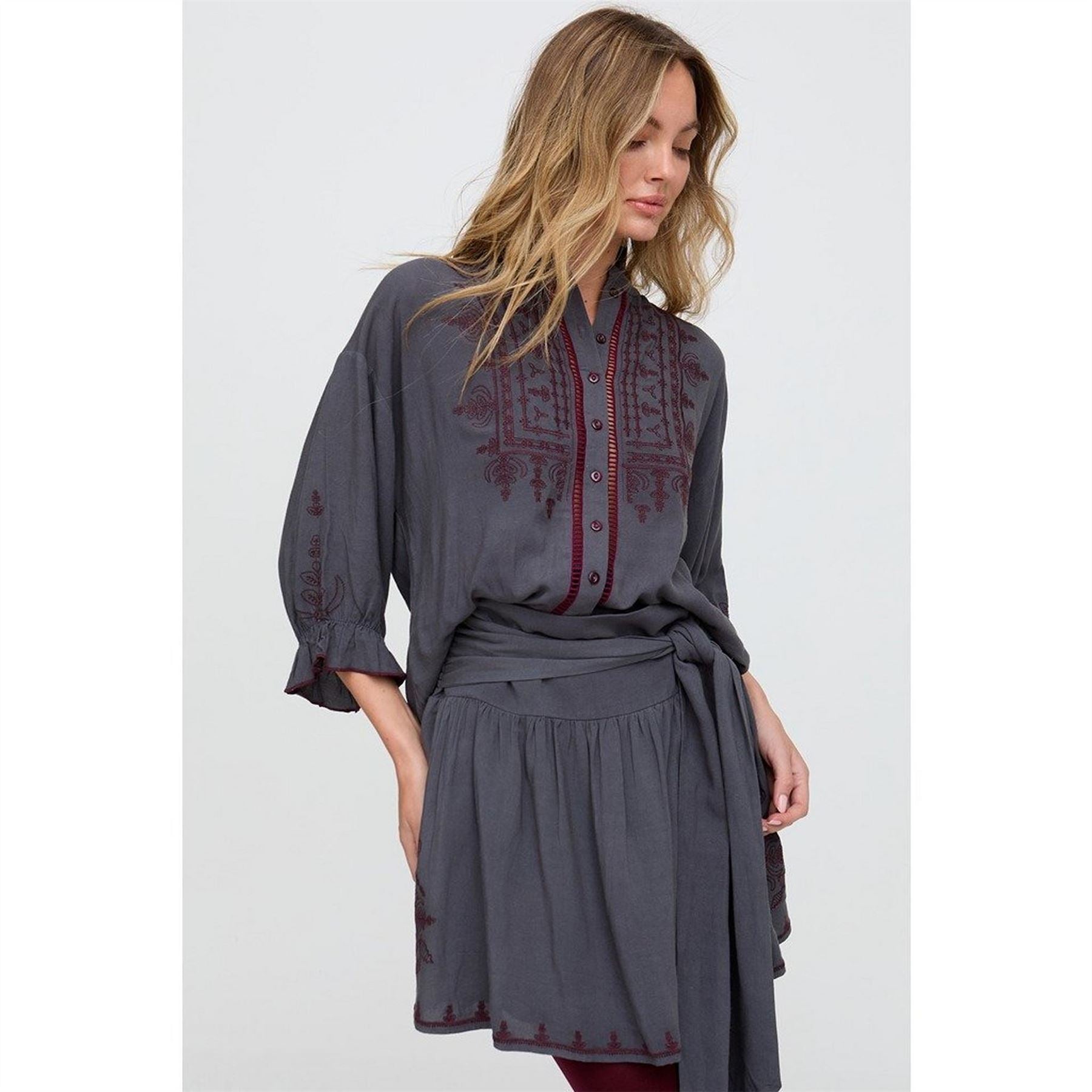 Raffya Julie Embroidered Skater Mini Skirt In Dark Grey