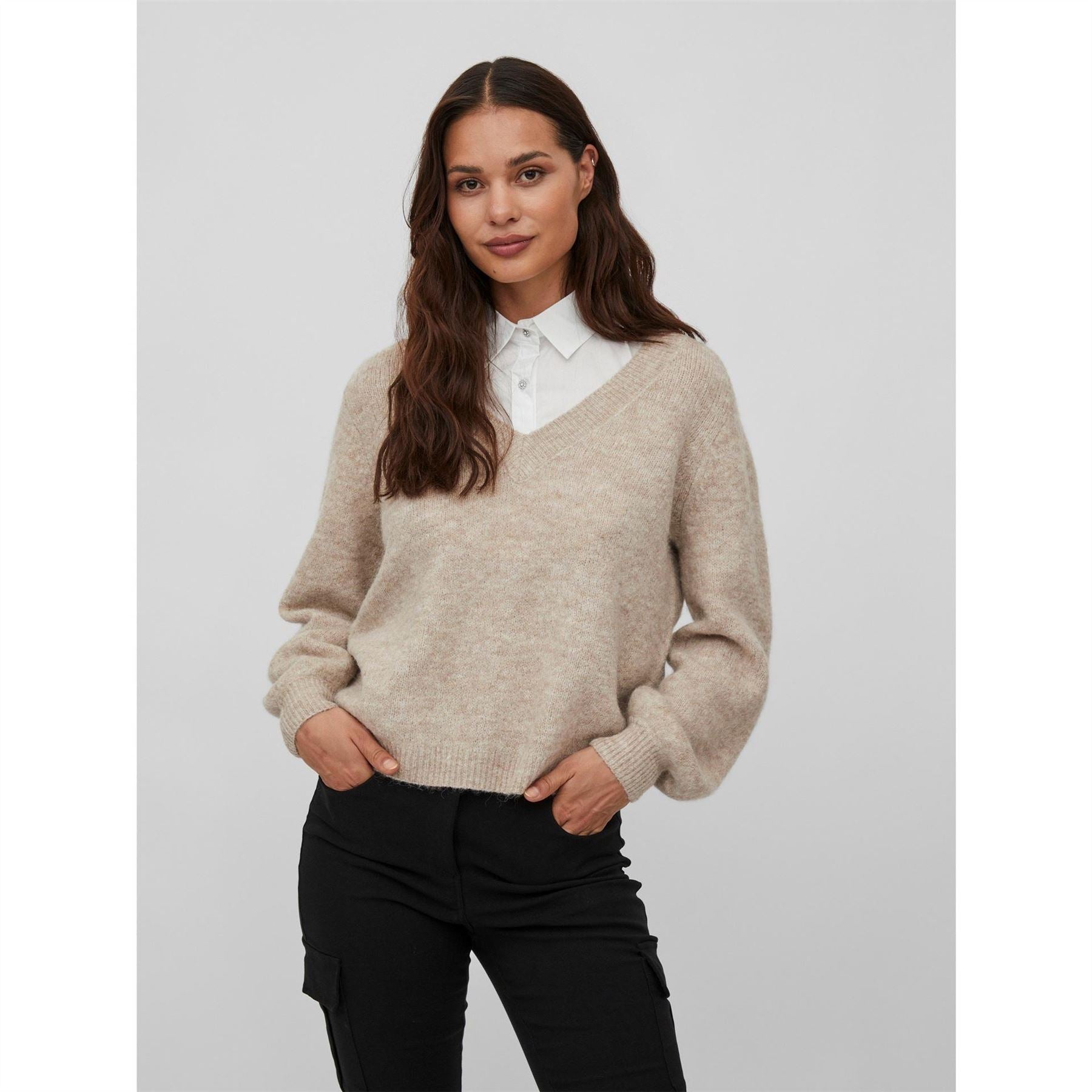 Vila Jamina V Neck Long Sleeve Relaxed Fit Sweater