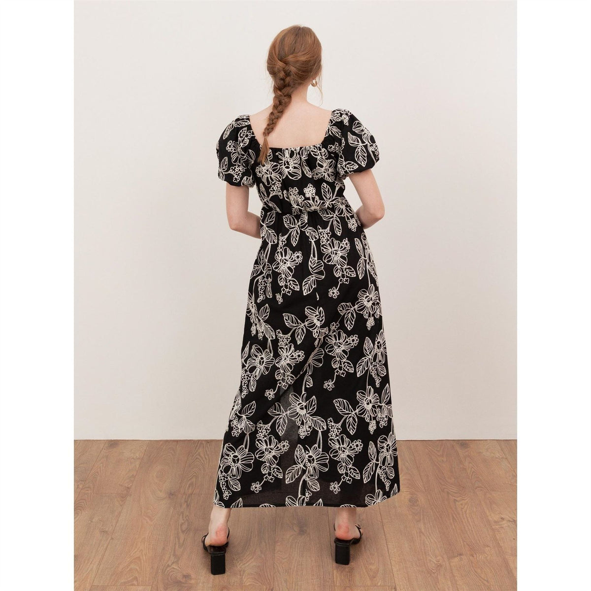 Lovedrobe Black Embroidered Short Sleeve Square Neck Midaxi Dress