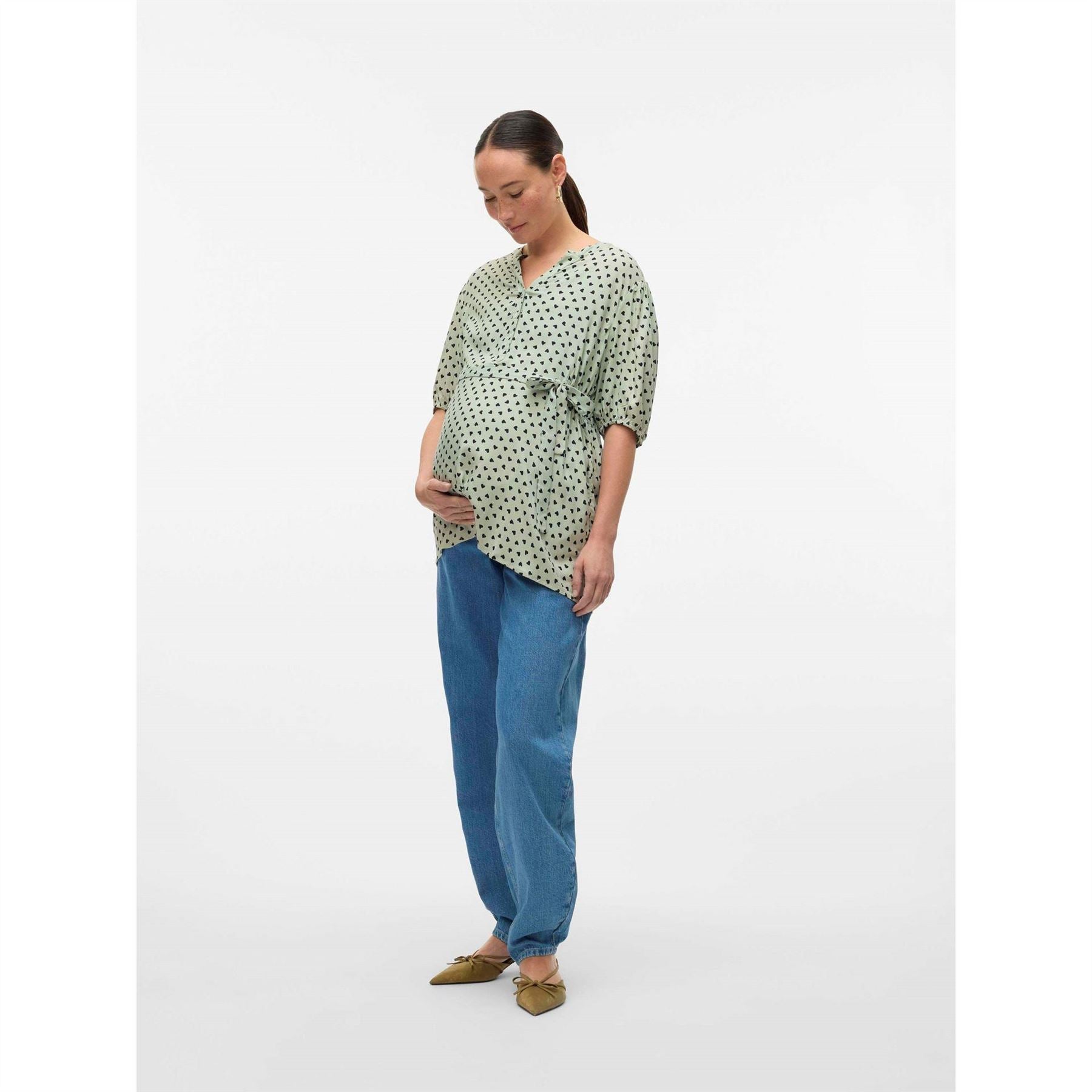 Mamalicious Notched Neck Puff Sleeve Three Quarter Blouse
